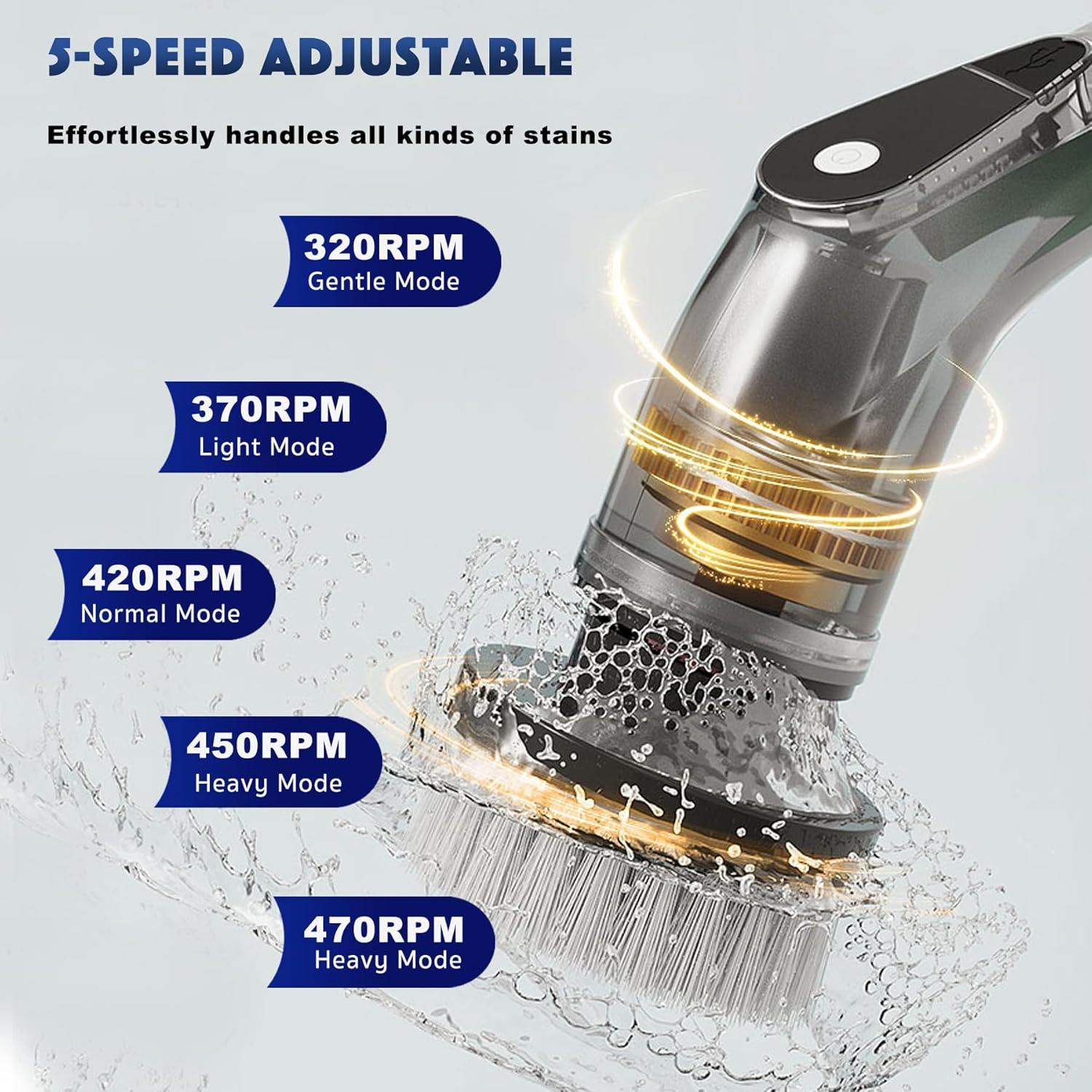 Electric Spin Scrubber, Electric Scrubber with 8 Replaceable Heads, 320-470RPM 5 Speed Adjustable Shower Scrubber with Long Handle, Scrubbing Brush for Bathroom, Bathtub, Floor and Car. image number 4