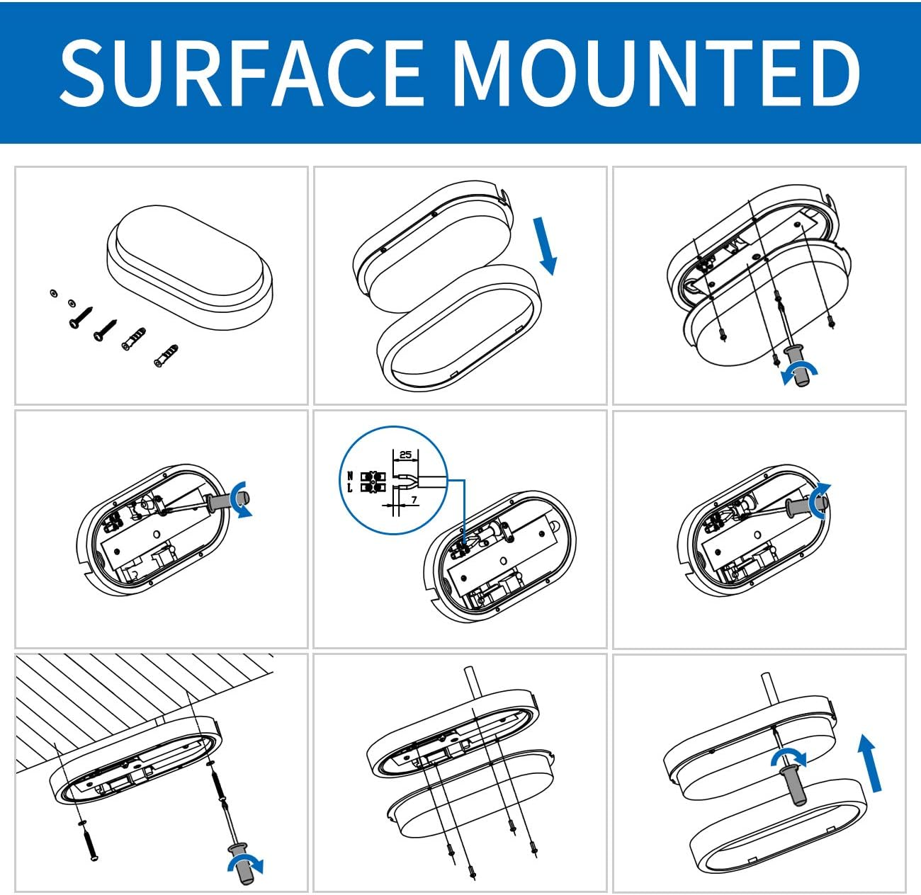 ANWIO 14W outside Black LED Oval Bulkhead Light, IP54 Waterproof Outdoor Porch Light, External Wall Ceiling Light, 980LM, 4000K Natural White (2 Pack) - 14W-Black Oval-2Pcs image number 4