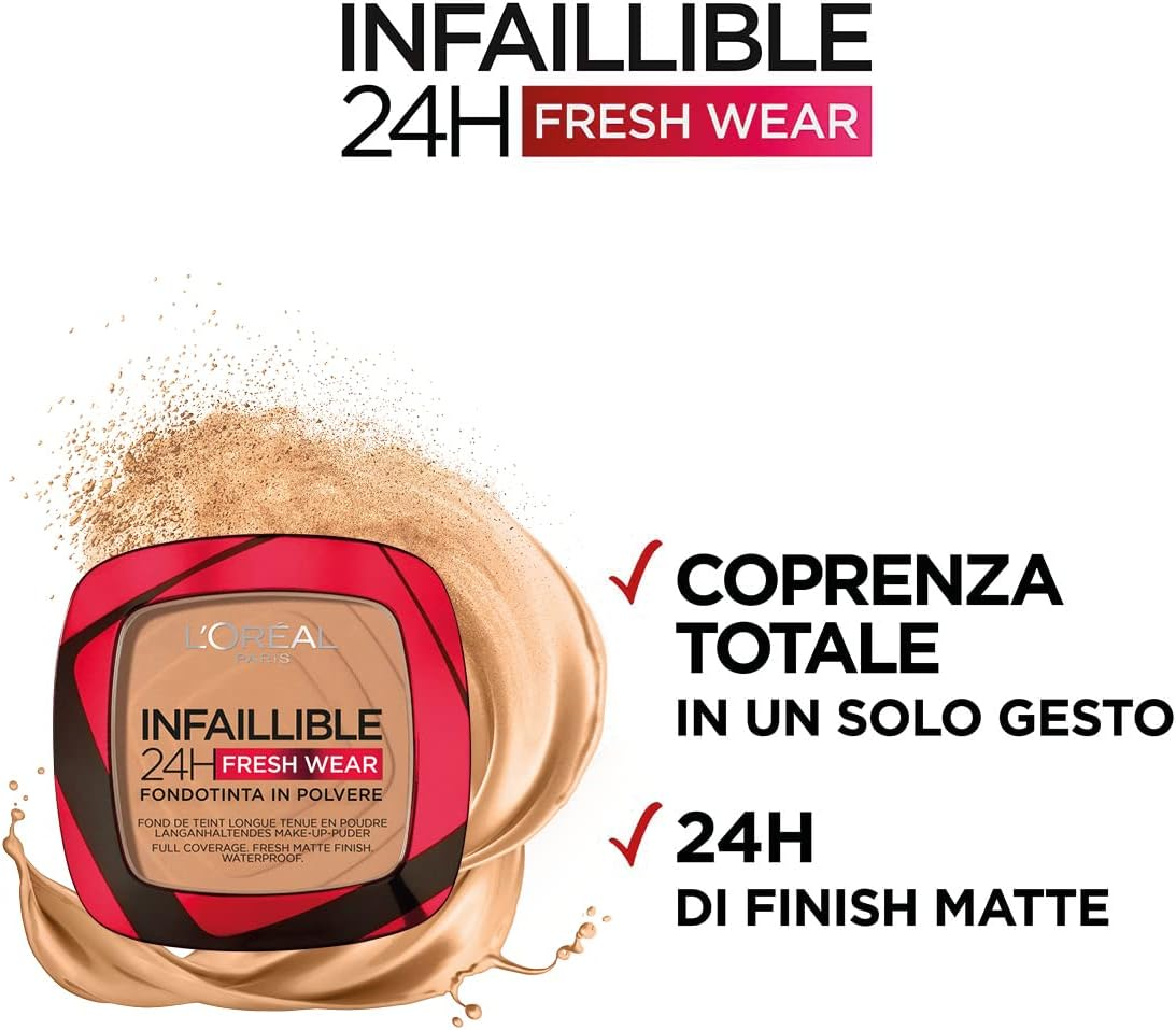 L'Or&eacute;al Paris Waterproof Make-Up with High Coverage, Opaque Compact Powder, Matte Finish, 24-Hour Hold, Infaillible 24H Fresh Wear Foundation, No. 260 Golden Sun, 9 G