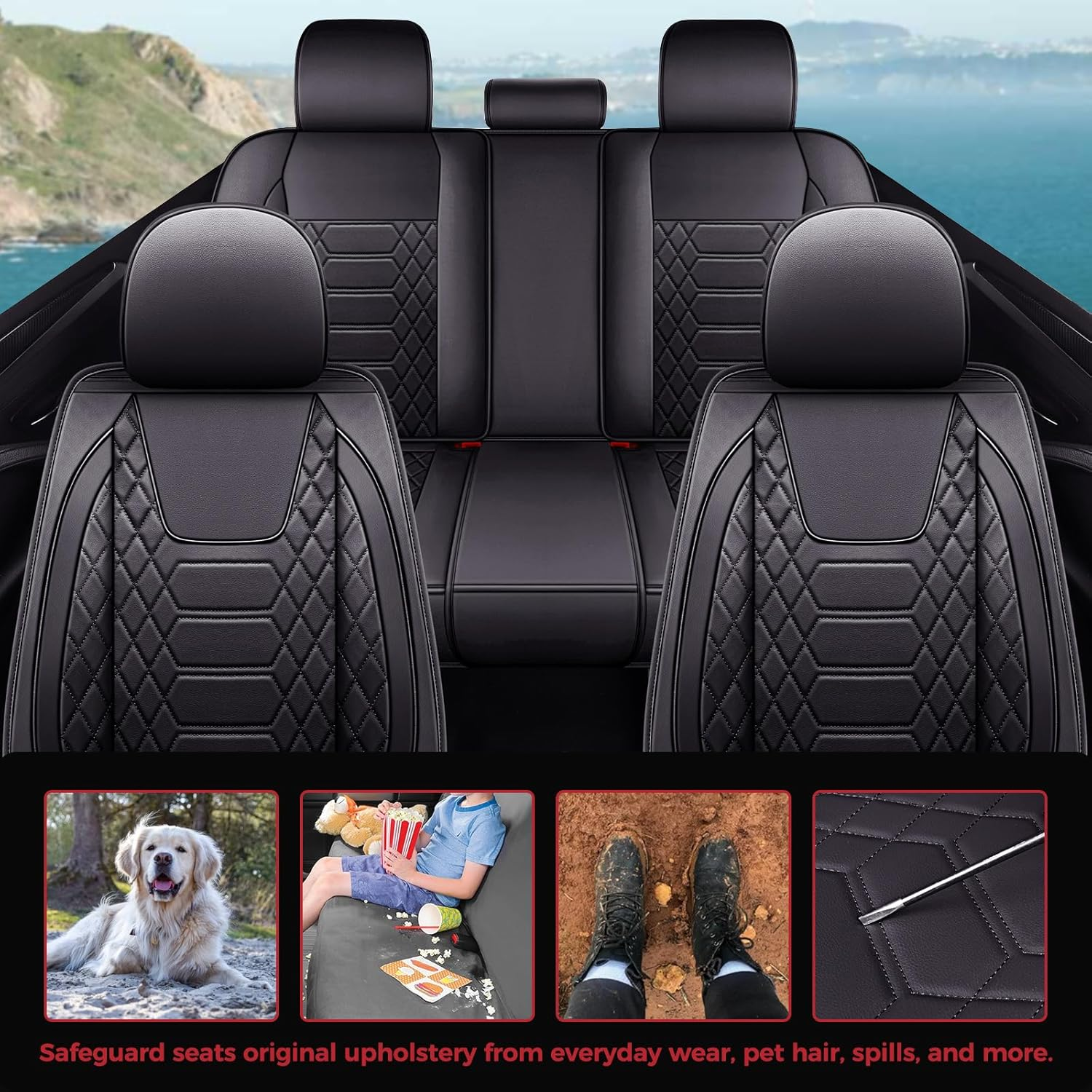 FREESOO Car Seat Covers Leather, Seat Cover Full Set Waterproof Automotive Cushion Protector Accessories Airbag Compatible Universal Fit for 5 Seats Vehicle (Black 8) image number 2