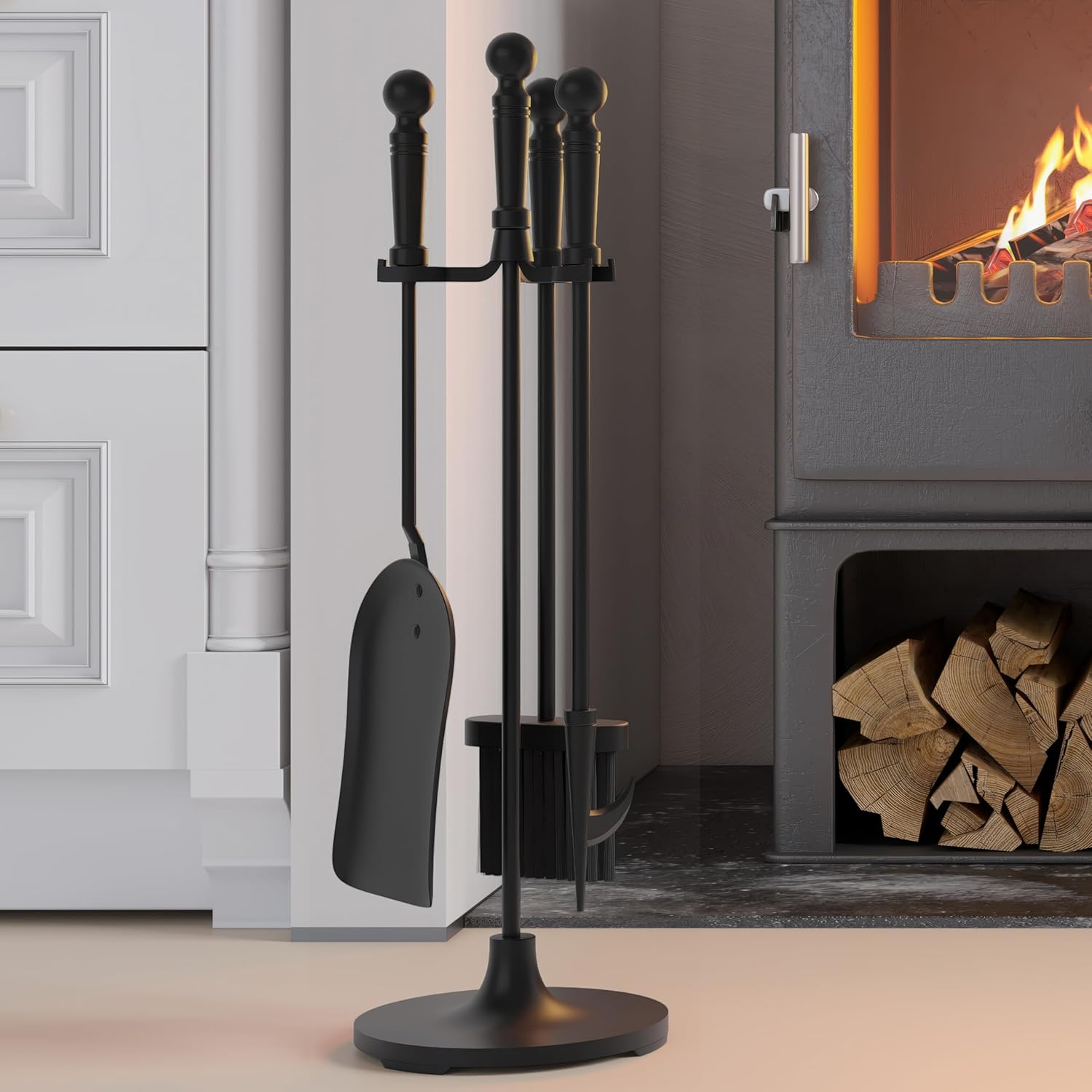 Kingson 4 Piece Cast Iron Fireplace Tool Set Including Brush, Shovel, Poker, Stand, Diameter 16.5 X 53 Cm, Fireplace Companion Set