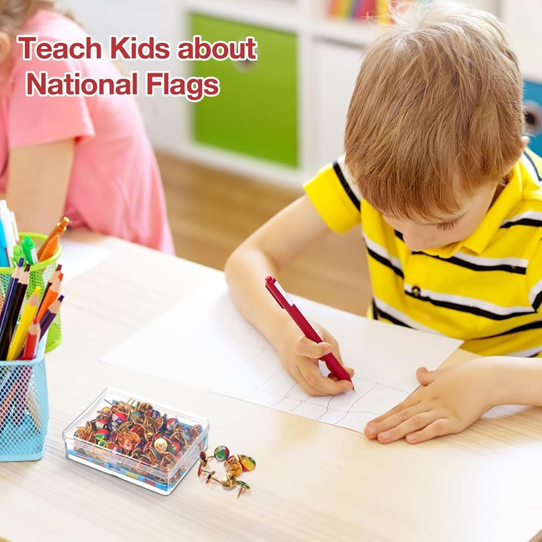 200Pcs National Flags Pins Thumbtacks, Creative Country Flag Map Push Pins with Storage Box, Decorative Drawing Pins Travel Map Thumb Tacks for Bulletin Board Pinboard Office School