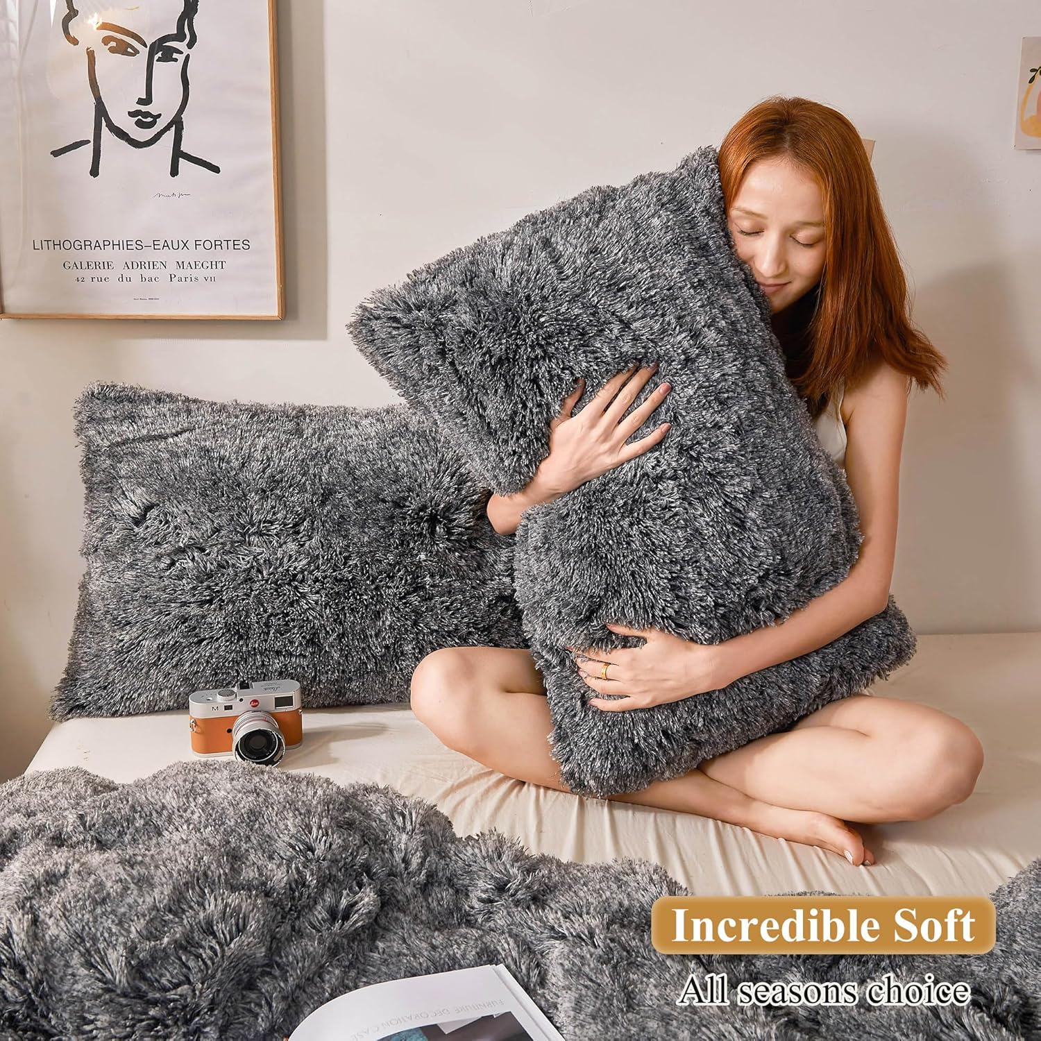 Xege Faux Fur Throw Pillow Cases, Plush Shaggy Ultra Soft Pillow Covers, Fluffy Crystal Velvet Decorative Pillowcases, Furry Fuzzy Pillow Shams Zipper Closure, Set of 2(Standard, Black Ombre) image number 6