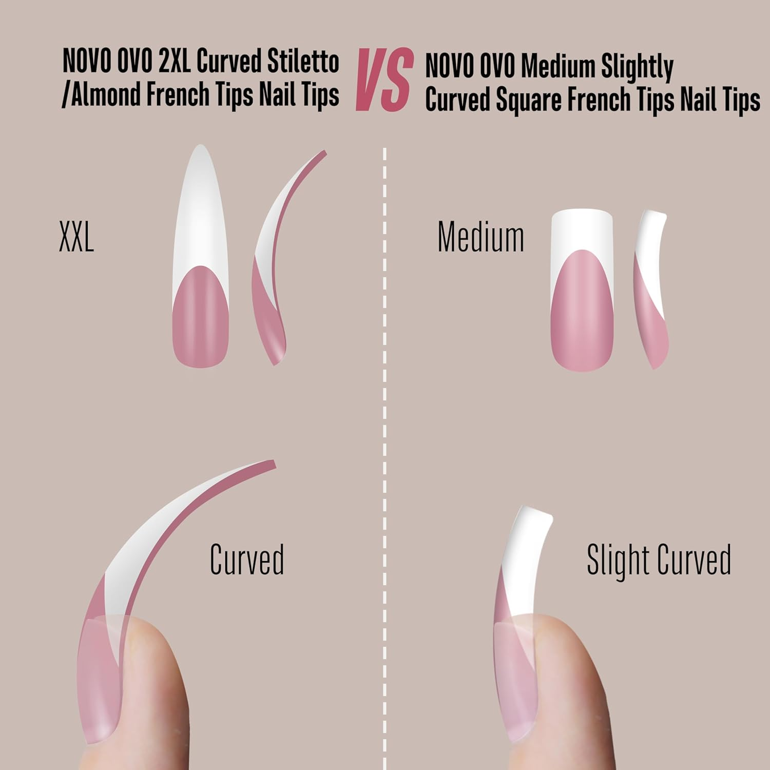 NOVO OVO Halloween XXL Curved Stiletto Almond French Tip Nail Tips, Soft Gel Extra Thick Long Acrylic Hawk Curve Fake Extension, Need Builder Gel & Top Coat, Full Cover Press on DIY 12 Sizes 240 Pcs