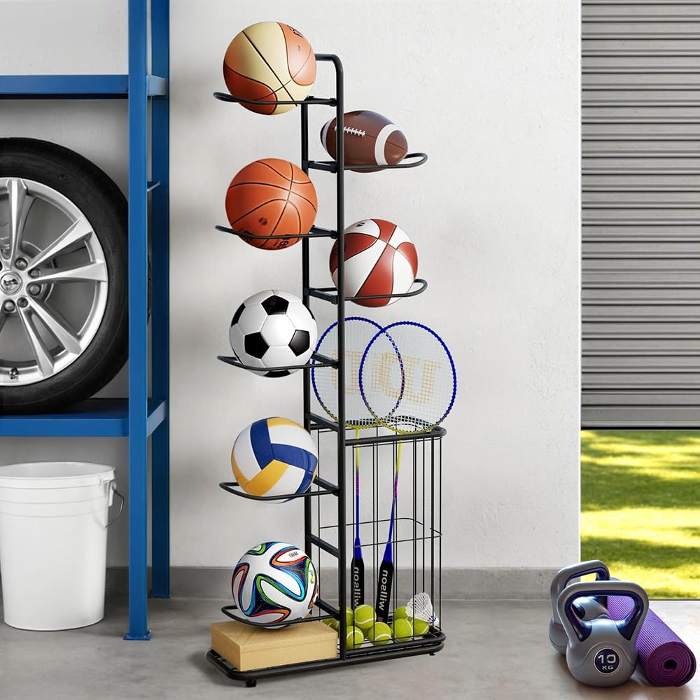 Everfit Ball Storage Rack Heavy Duty Sports Equipment Organizer 7-Tier with Basket Ball Rack for Basketball Football Volleyball Indoor Outdoor Sports Storage image number 2