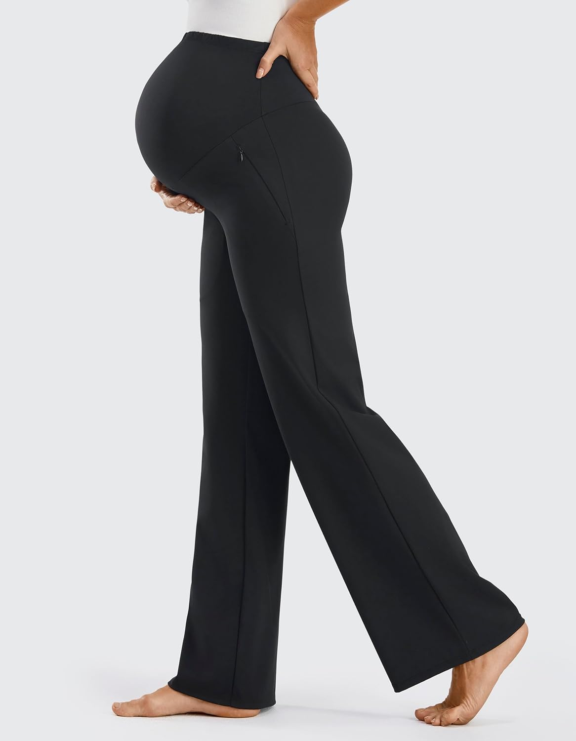 JOYSPELS Smooth Feeling Wide-Leg Maternity Work Pants Soft Pregnancy Yoga Pants with Zippered Pockets over the Belly image number 5