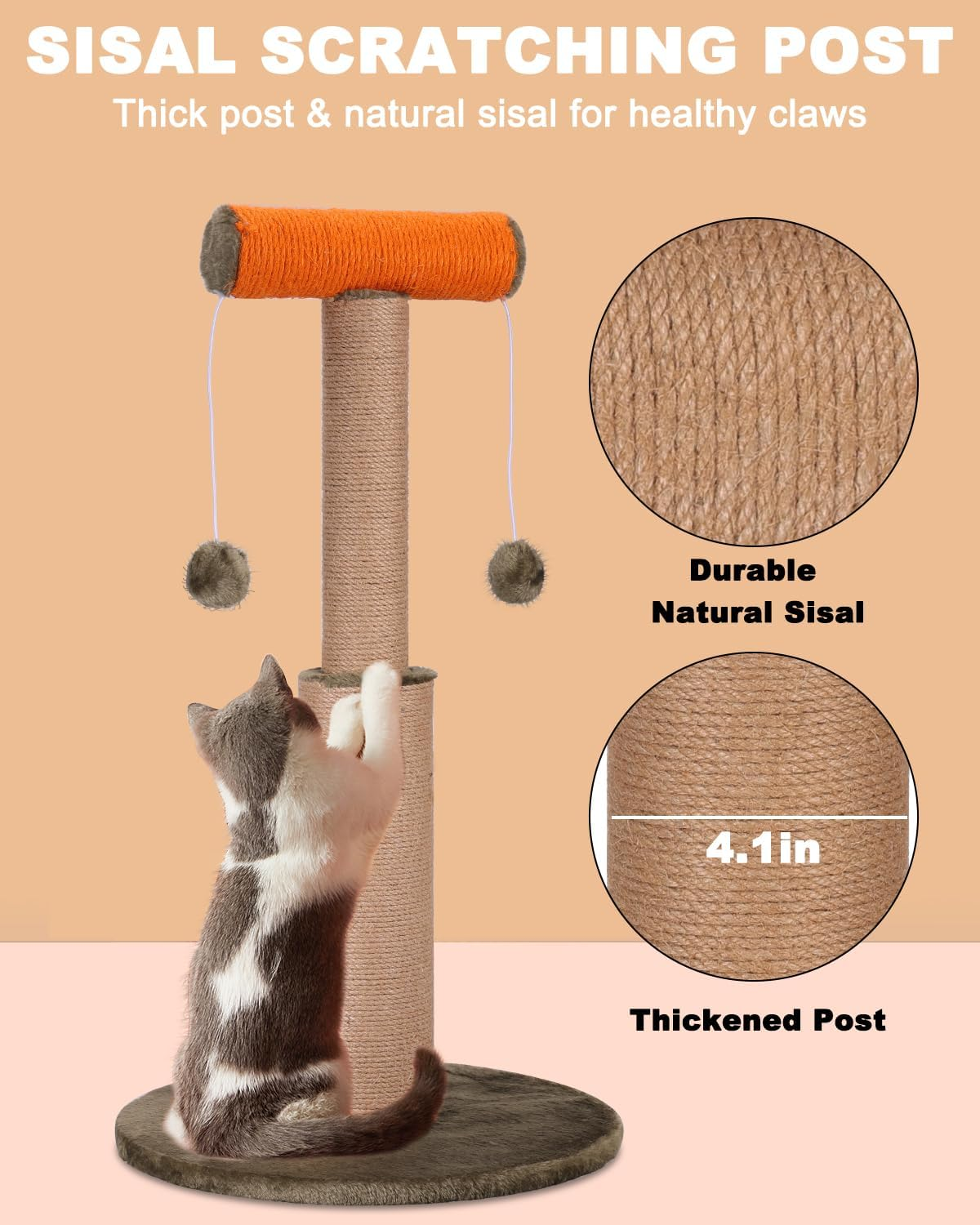Cat Scratching Post, 29.5&rdquo; Tall Scratch Posts Sisal Scratcher with Hanging Plush Ball Toys for Indoor Adult Cats & Kittens