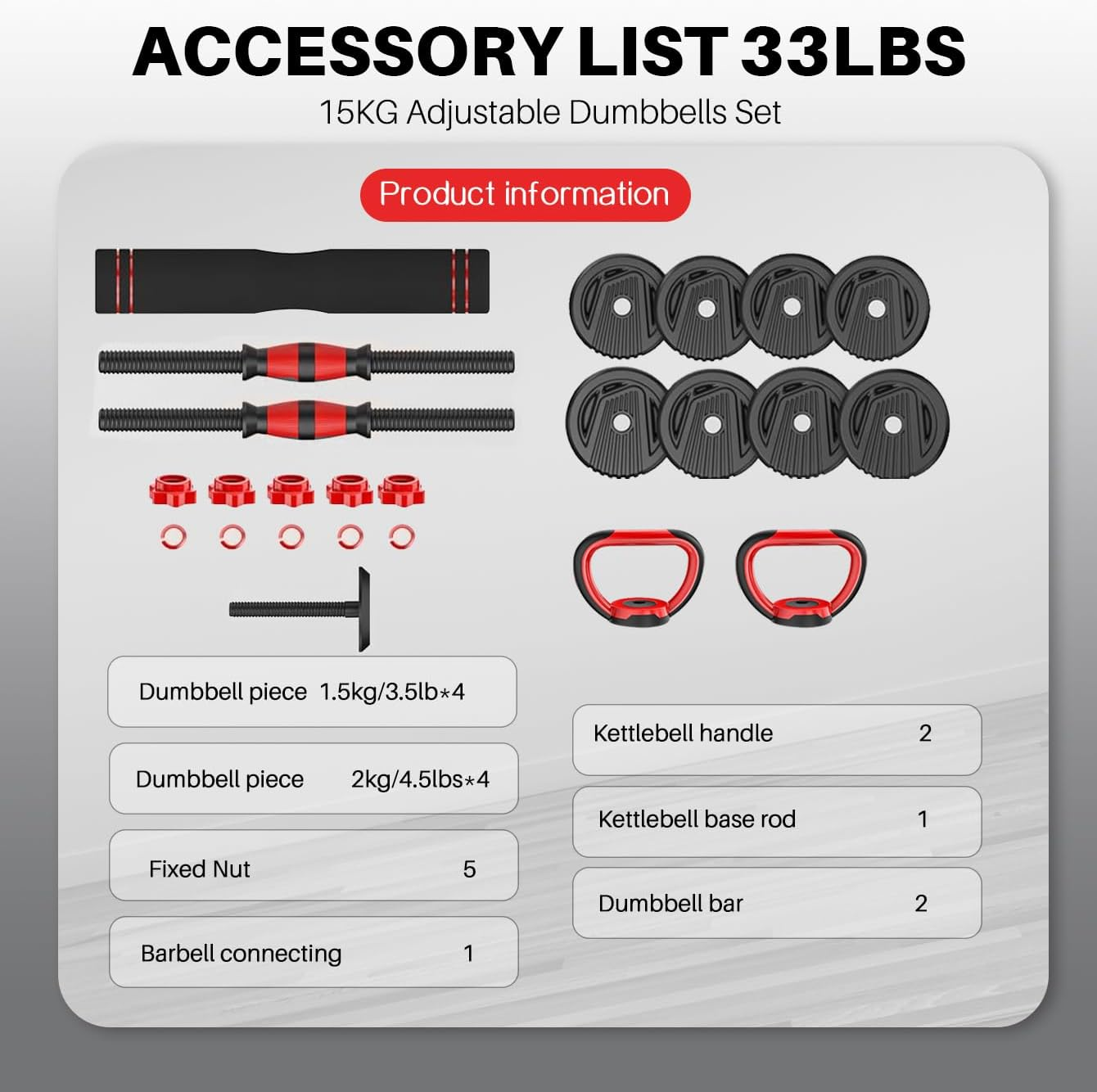 Yildue Adjustable Dumbbells Set,Free Weights Set 15KG/20KG/30KG with Connector,4 in 1 Dumbbells Sets Used as Barbell/Kettle Bells/Push up Stand (15Kg Barbell+Kettlebell Sets) image number 1