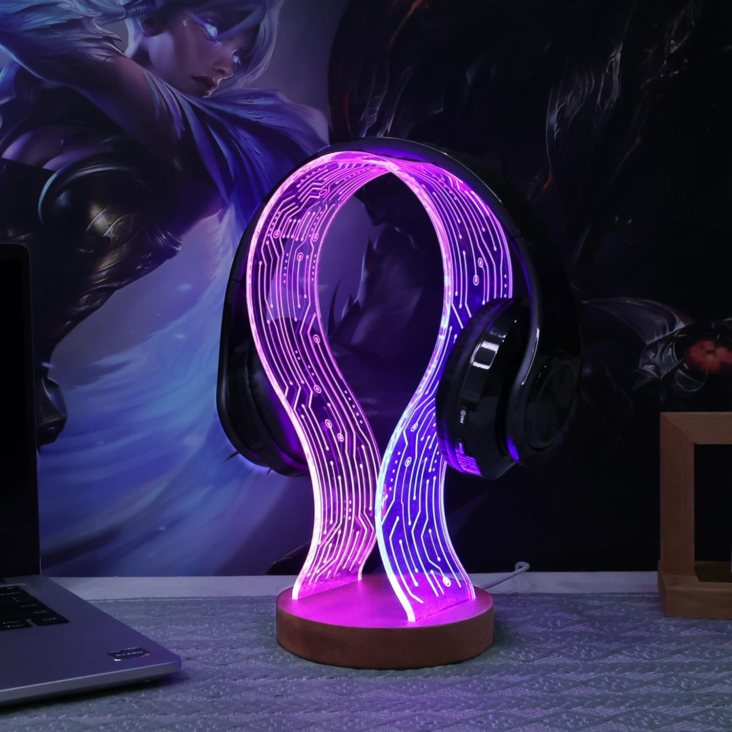 Yuandian Headphone Stand, Wood Headset Holder with Blue Pink LED Night Light for Gamers, Men, and Music Lovers - Desk Gift Idea - Pcb-Tray-Wooden Color image number 2