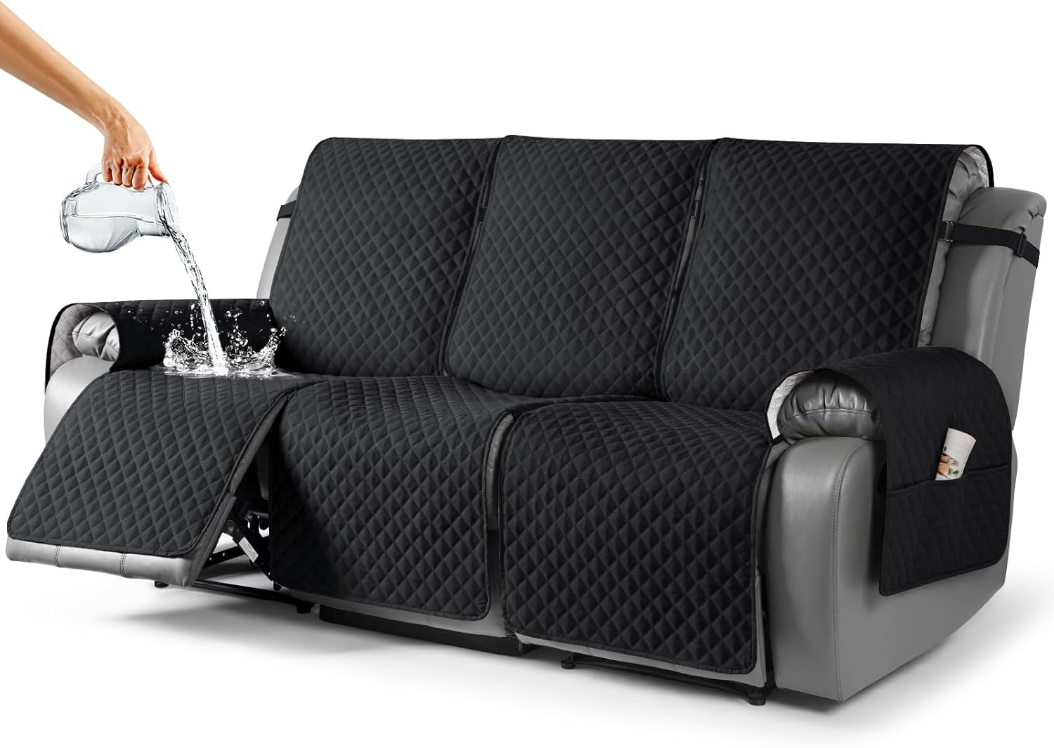 TAOCOCO Recliner Sofa Slipcover Couch Covers for 3 Cushion Couch, Pet Sofa Cover for 3 Seat Recliner Sofa, Washable Reclining Sofa Cover Furniture Protector with Elastic Straps(3 Seater, Black)