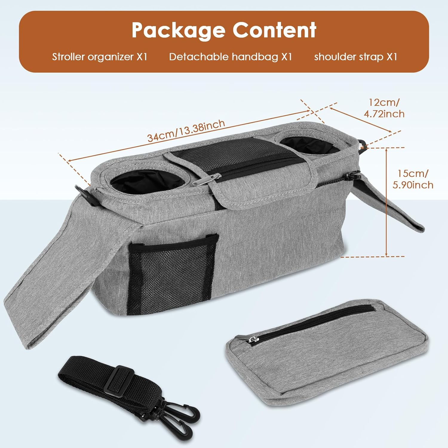 Abizarch Pram Caddy Baby Stroller Organizer with 2 Cup Holder Waterproof Oxford Stroller Caddy Organizer with Detachable Phone Pocket Adjustable Shoulder Strap for Stroller Travel image number 2