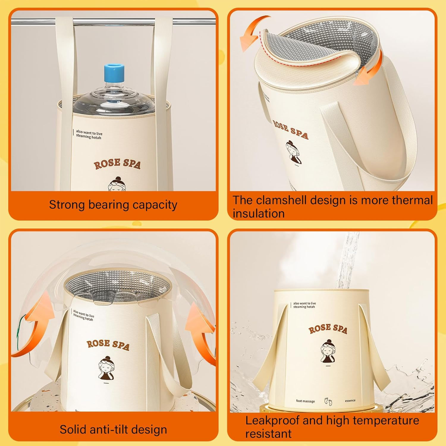 Sgphrzlt Collapsible Foot Basin Tub for Soaking Feet with Lid & Handle, Portable Travel Foot Soak Bucket, Foldable Foot Bath Spa Bag, Long Lasting Insulation, Beige image number 2