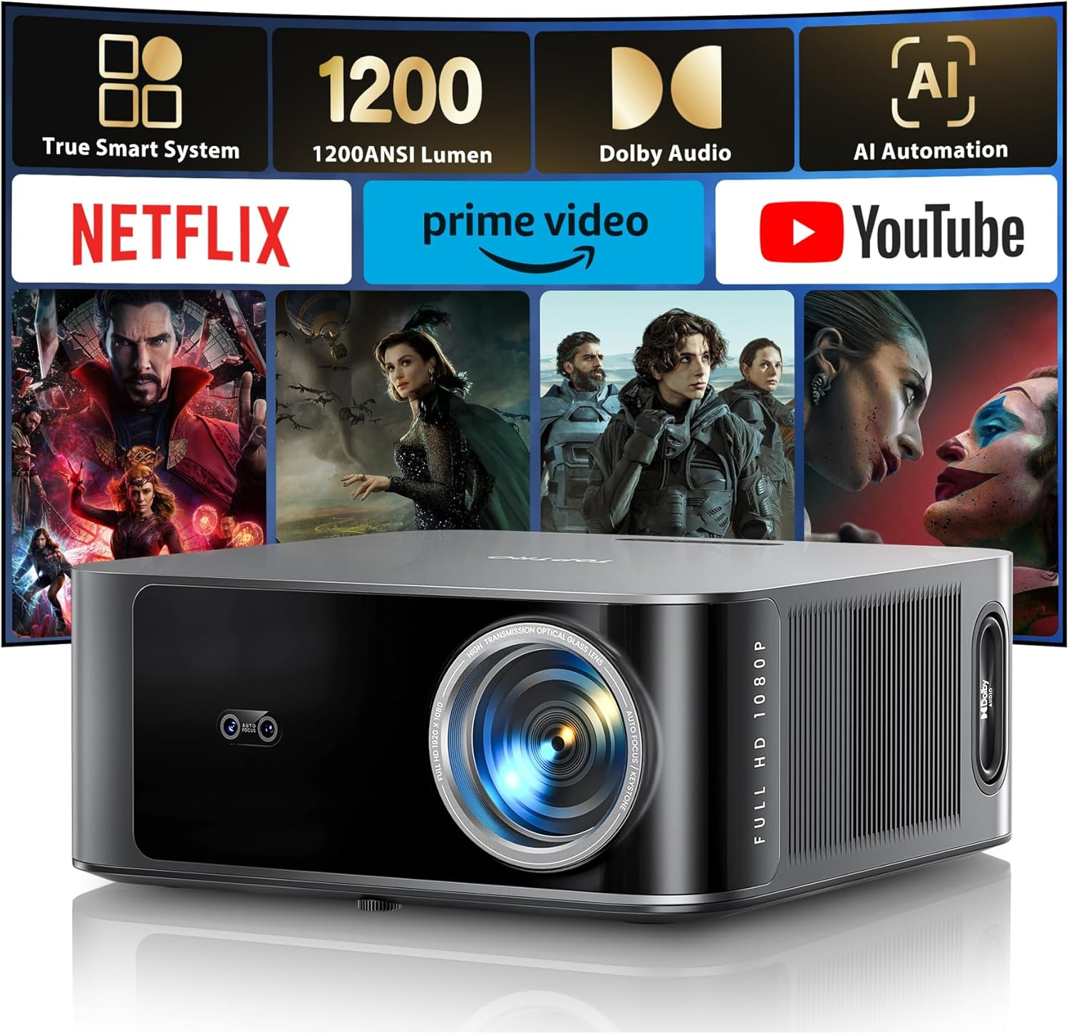 Projector 4K【Official Neflix/36000 Lumen/36W Dolby Audio】Auto Focus/Keystone/Screen Alignment/Obstacle Avoidance Smart Projector, TOPTRO Native 1080P Projector Wifi 6 Two-Way Bluetooth Exposed Speaker image number 3