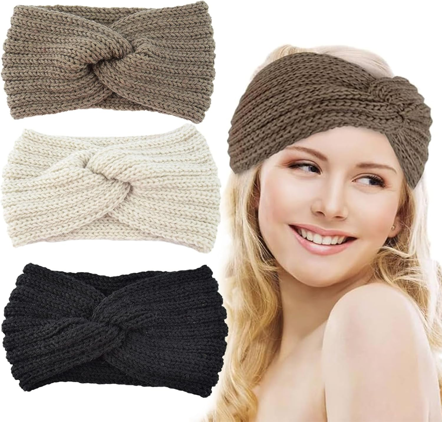 Women'S Winter Headband, Pack of 3, Knitted Headbands, Knitted Headbands, Ear Warmers, Elastic, Knitted Headwrap, Elastic, Wide, Versatile for Autumn and Winter image number 6