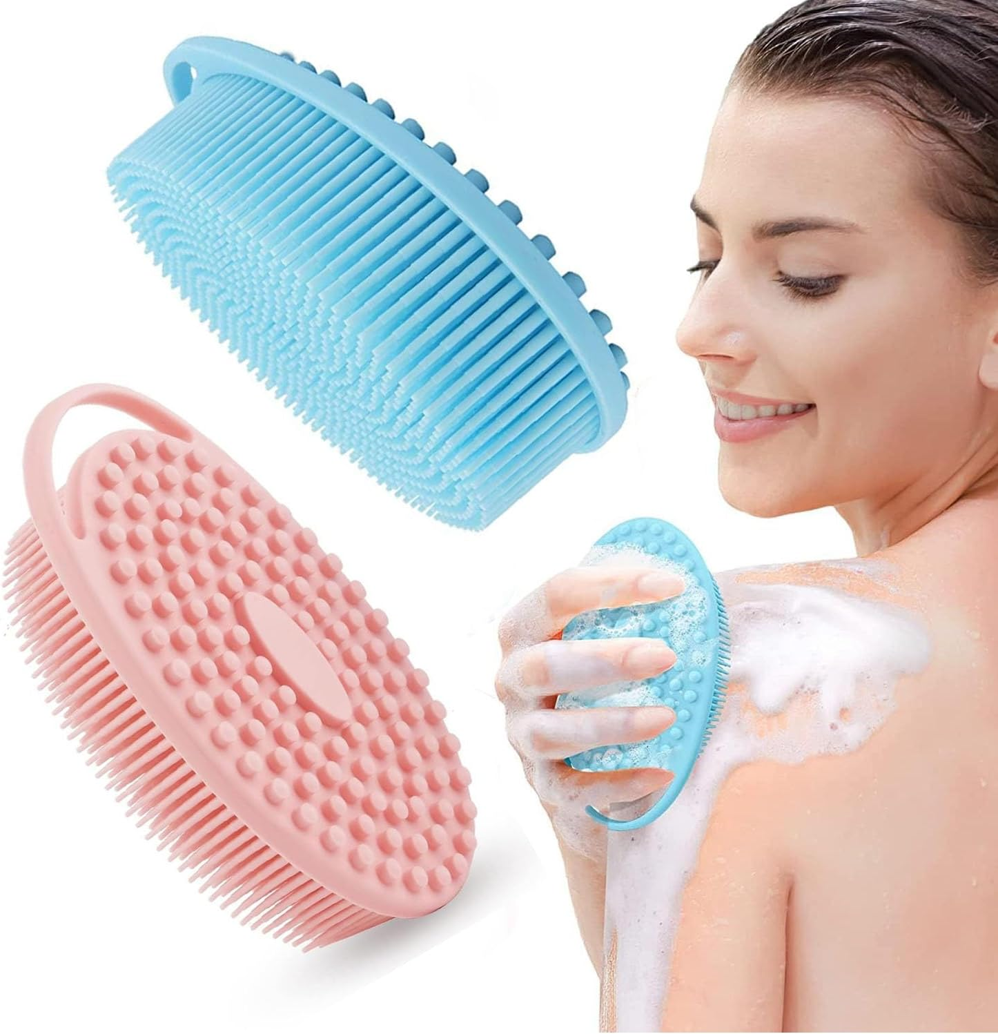 2Pcs Soft Silicone Body Scrubber,Gentle Exfoliating Body Scrubber and Lather Well,Silicone Loofah Body Scrubber Fit for Sensitive and All Kind Skin(Blue and Pink) image number 4