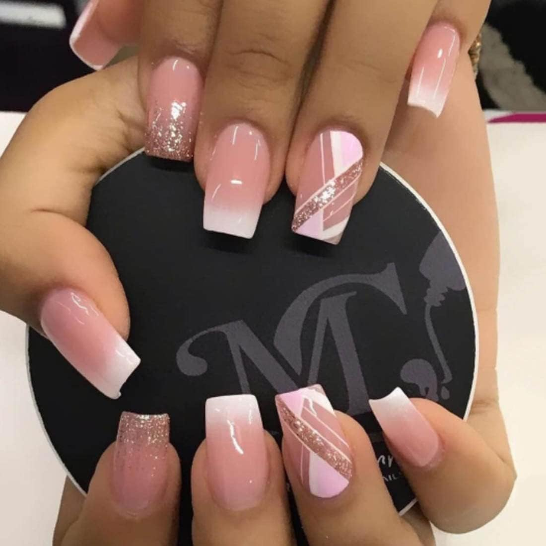 SINLOV 24Pcs Short Fake Nails Press on False Nails Glossly Ballerina Artificial Finger Nails False Nails Art Tips (B)&hellip; image number 6