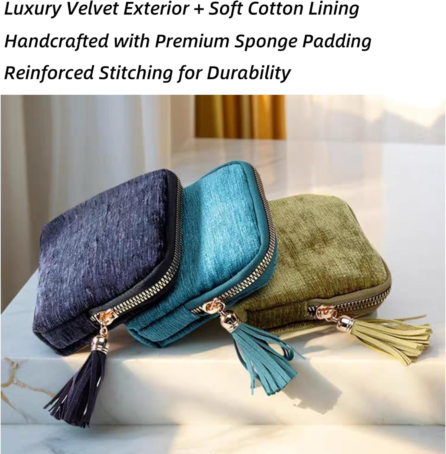 Kawlxpp Premium Travel Jewelry Case Organizer for Rings, Bracelets & Bangles,Jewelry Roll with Tassel Zipper,Compact & Scratch-Proof(Navy) - Navy image number 4