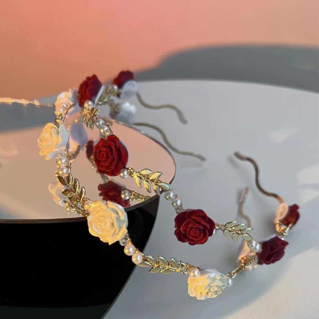 2 X Hair Band Made of Red Roses and White Rose Pearls, Bridal Headband, Light Gold Wedding Hair Band, Faux Pearl, Rhinestone Hair Crown, Crystal Pearl, Bridal Tiara, Hair Bands, Elegant Accessories image number 4