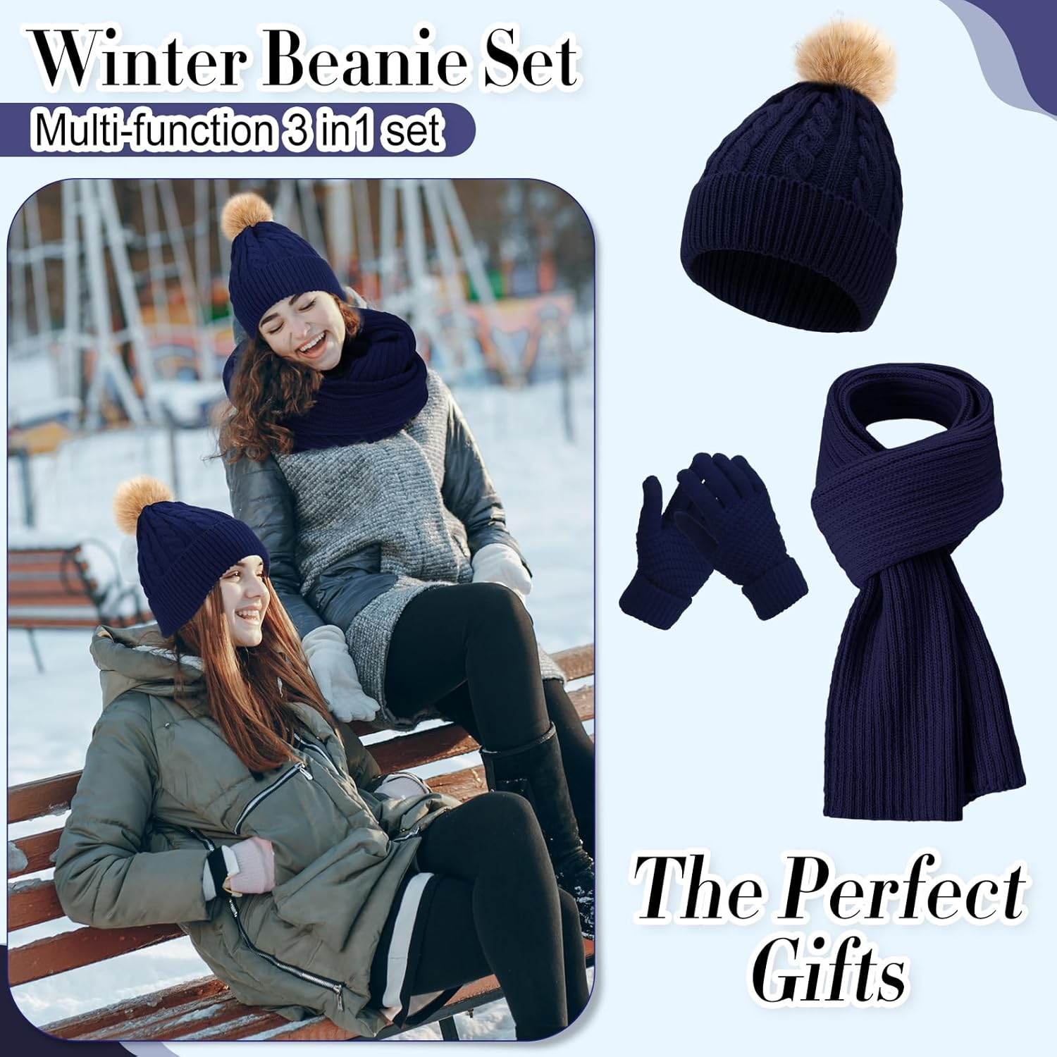 Geyoga 3 Pieces Winter Beanie Hat Scarf Touch Screen Warm Gloves Set Knit Skull Cap for Men and Women image number 3