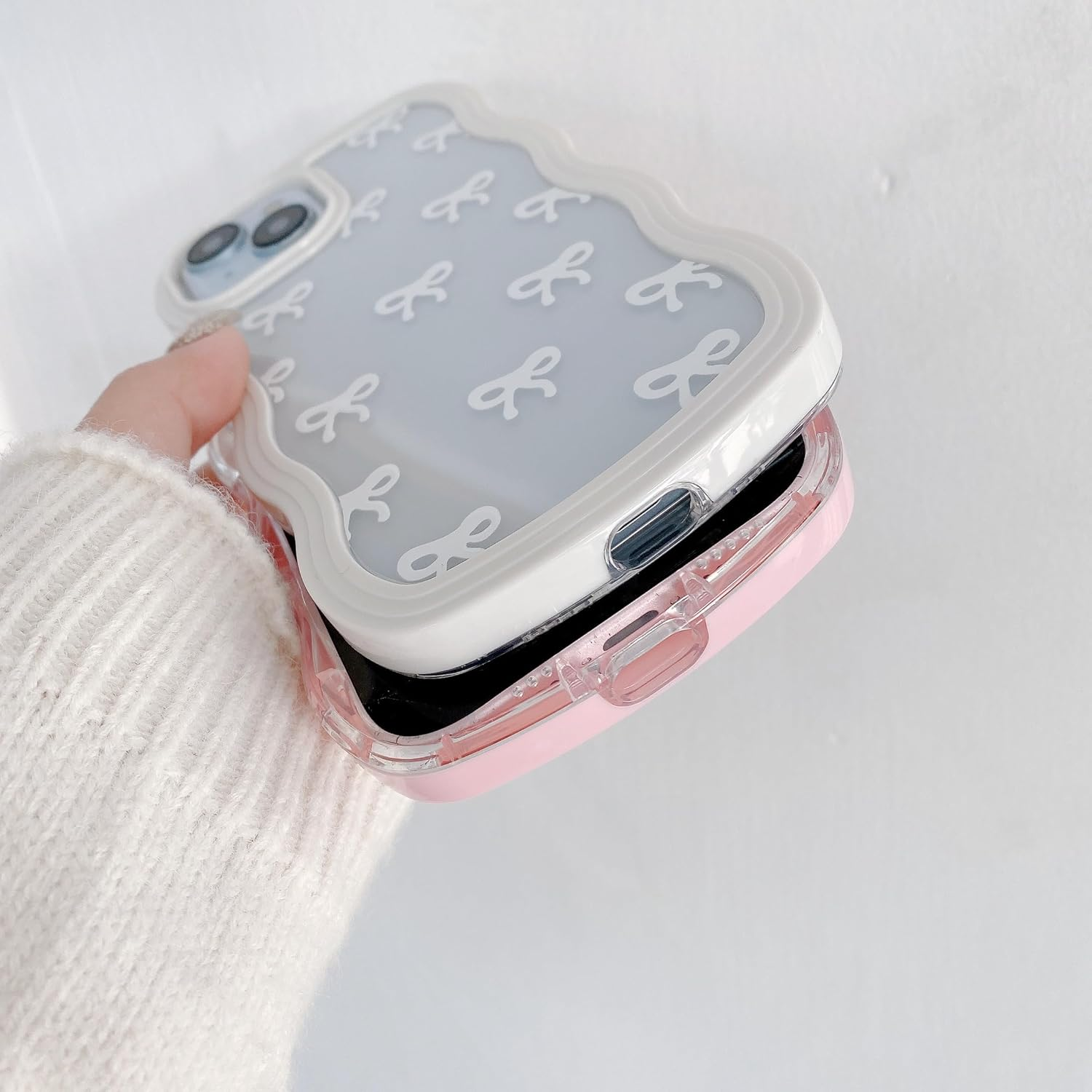 QLTYPRI Bow Case for Iphone 13/Iphone 14, Clear Cute Ribbon Bow Phone Case Curly Wavy Aesthetic Phone Case, Slim Soft Transparent Shockproof Protective Cover for Women Girls - White image number 6