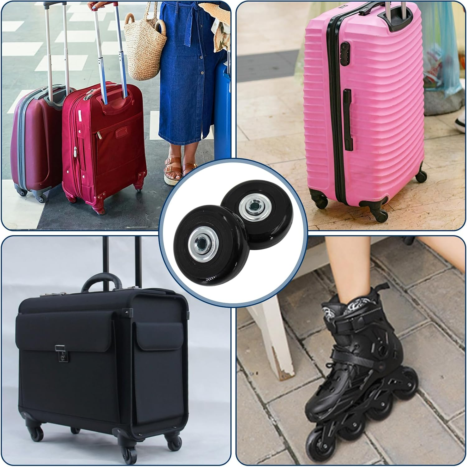 Acbbmns 4 Pcs Luggage Suitcase Replacement Wheels 50Mm X 18Mm, Rubber Wheel with 6Mm Bearing 36Mm 38Mm Axles Screw Washers Wrenches Repair Set