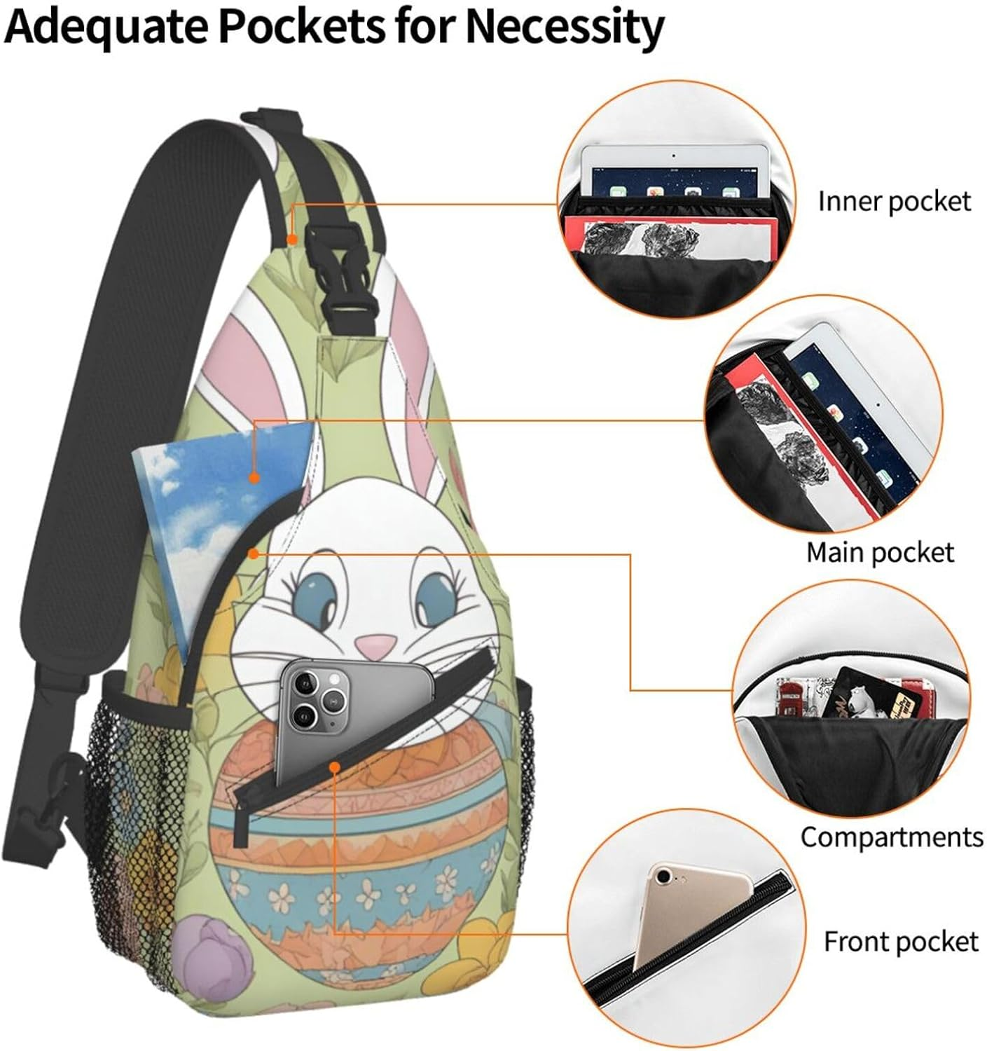 Easter Bunny Floral Shoulder Bag Crossbody Backpack Chest Bag Lightweight Sling Daypackstravel Hiking Cycling for Men Women - Cute Pug Dog image number 6