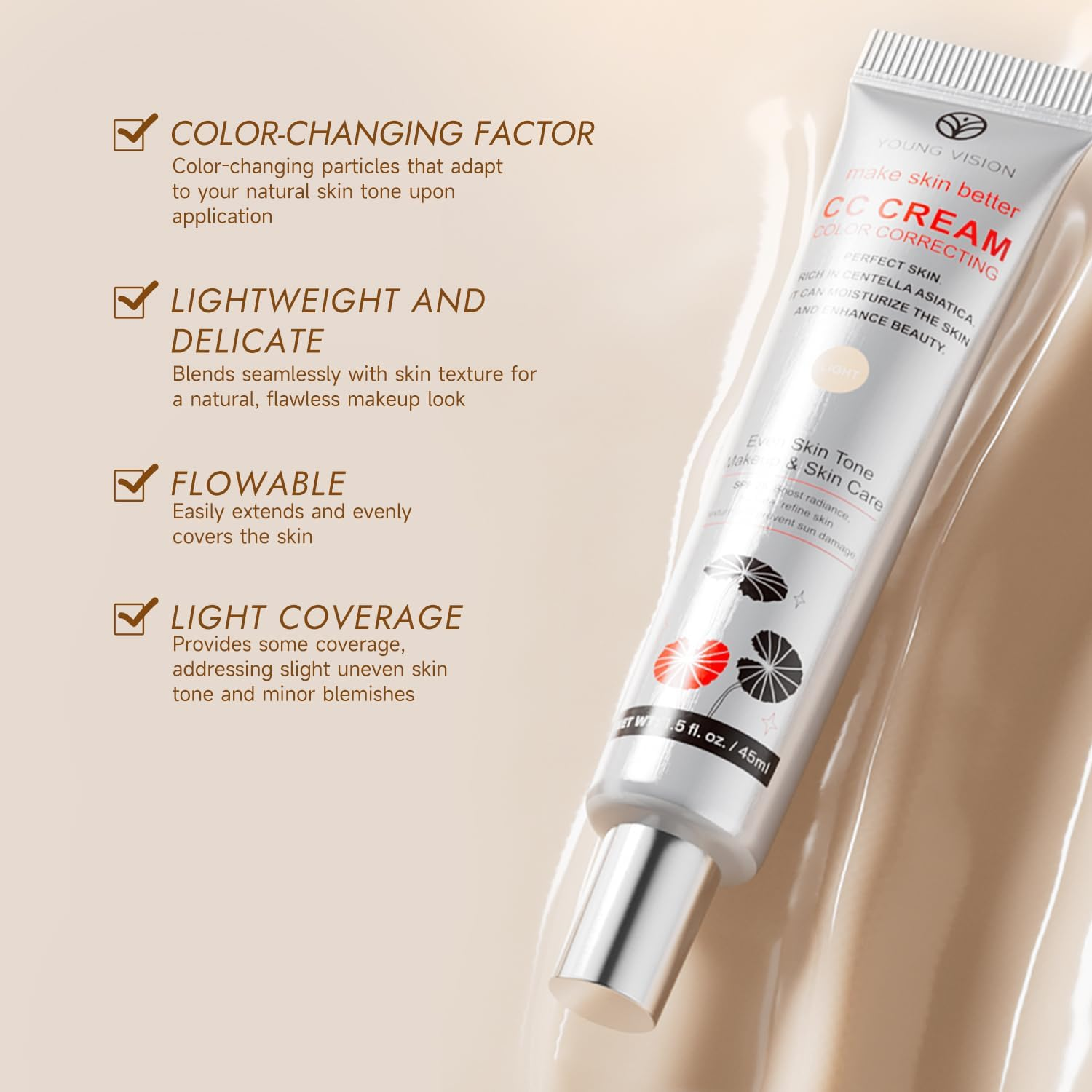 Multi-Purpose CC Cream with SPF 25 - Full Coverage Hydrating Foundation, Color Corrector & Primer with Centella Asiatica | Moisturizing Concealer & Sunscreen (LIGHT, CC Cream) image number 4