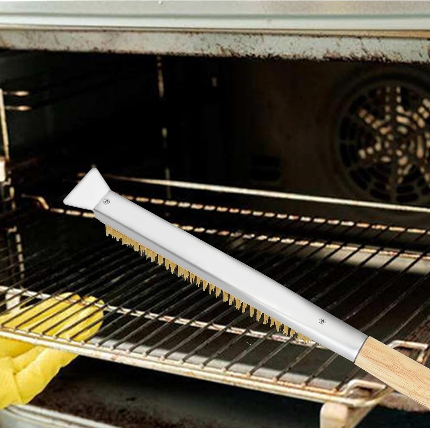 21'' Pizza Oven Brush with Scraper, Brass Bristles Pizza Stone Cleaning Brush with Wooden Long Handle Hanging Ring for Oven Pizza Accessories Outdoor (Copper Wire Brush) image number 1