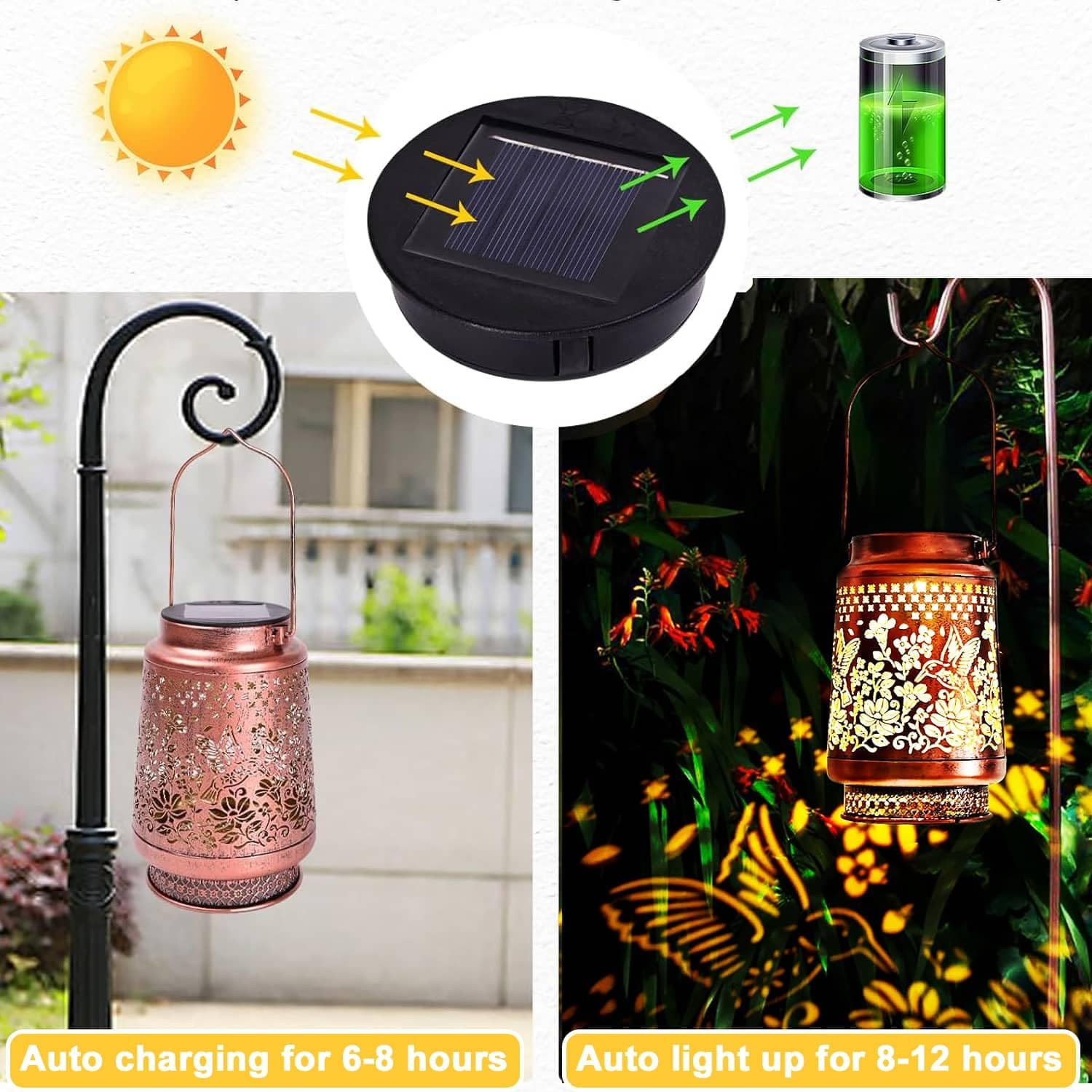 Joysing Solar Lights for Outdoor Hanging Pack of 2 Solar Lanterns for Outdoors, IP44 Waterproof Hummingbird Lantern, Garden Decoration, Metal Solar Garden Light, Vintage Solar Lantern for Patio, Lawn image number 5