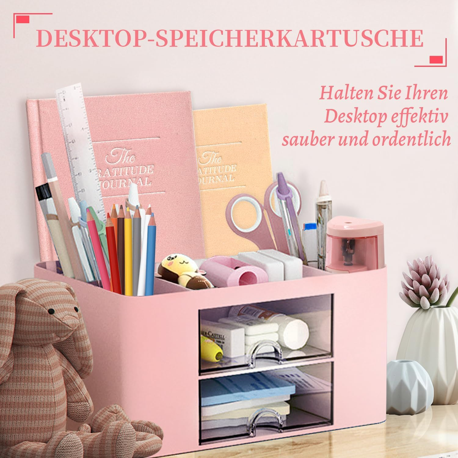 UVVRUR Desk Organiser 7 Compartments Pen Holder Office Home School Space Saving Desk Organiser (Pink) image number 1