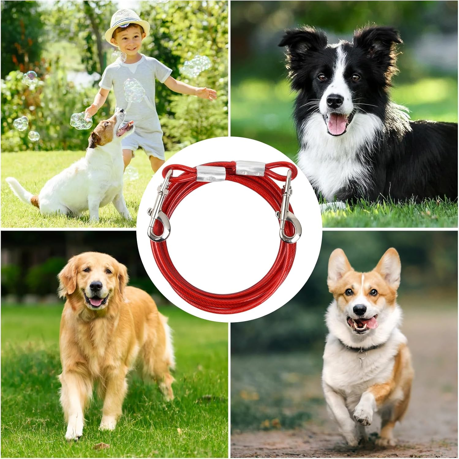 5 M Dog Lead Steel Wire Small Medium Large Dogs, 6 Mm, Tie-Out Lead Pet Heavy Duty, up to 250 Kg, Dog Yard Lead with Swivel Hook, Tie Out Pets Cable for Camping Training (White, 5 M) image number 6