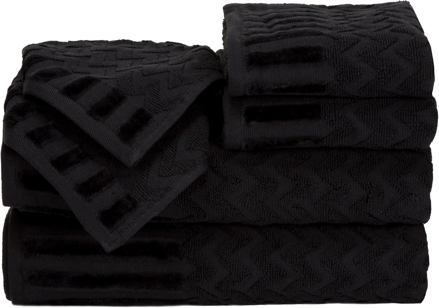 Lavish Home 6-Piece Cotton Deluxe Plush Bath Towel Set &ndash; Chevron Patterned Plush Sculpted Spa Luxury Decorative Body, Hand and Face Towels (Black), 27"X54"X0.25"