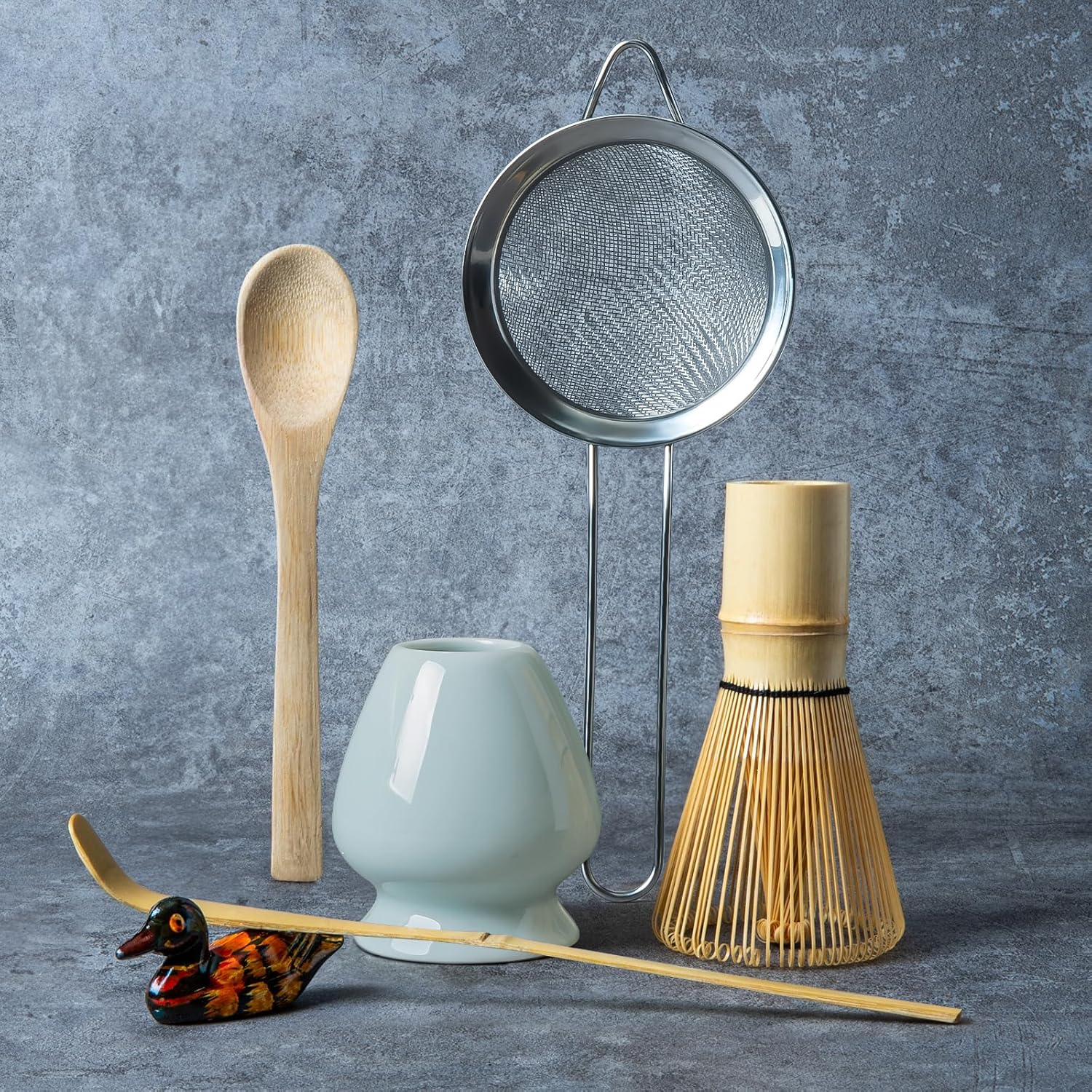 Matcha Whisk Set, Matcha Making Kit Whisk (Chasen Holder), Ceramic Whisk Holder (Mottled Green), Bamboo Scoop, Powder Starter Sifter, Spoon Japanese Tea Tools for Ceremony Gift