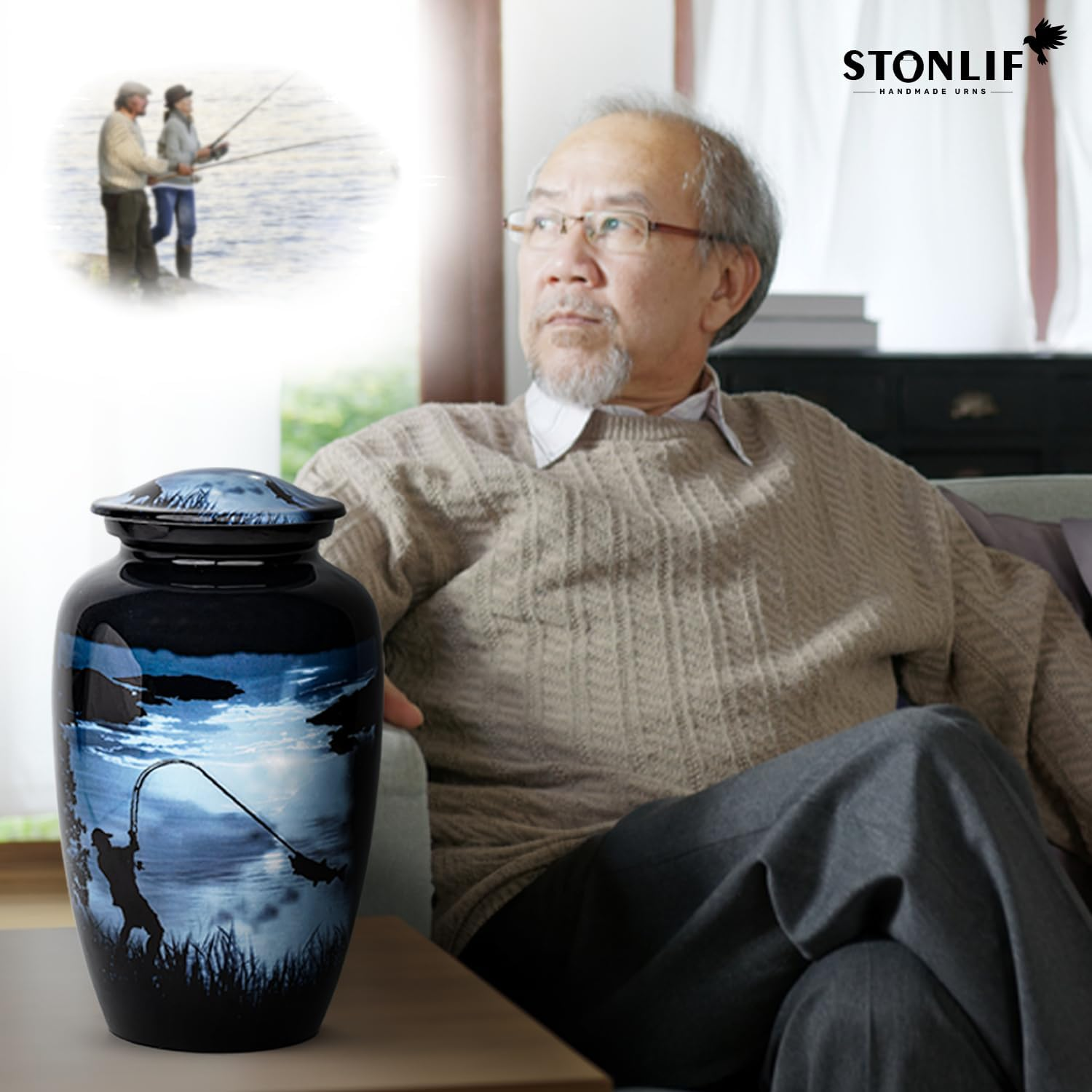 STONLIF Large Gone Fishing Urns for Ashes Adult Male & Female - 200 Lbs Decorative Urn, Burial Urns for Dad, Men - Funeral Urn with Velvet Bag and Felted Bottom - Blue Urn for Ashes Adult Male image number 6