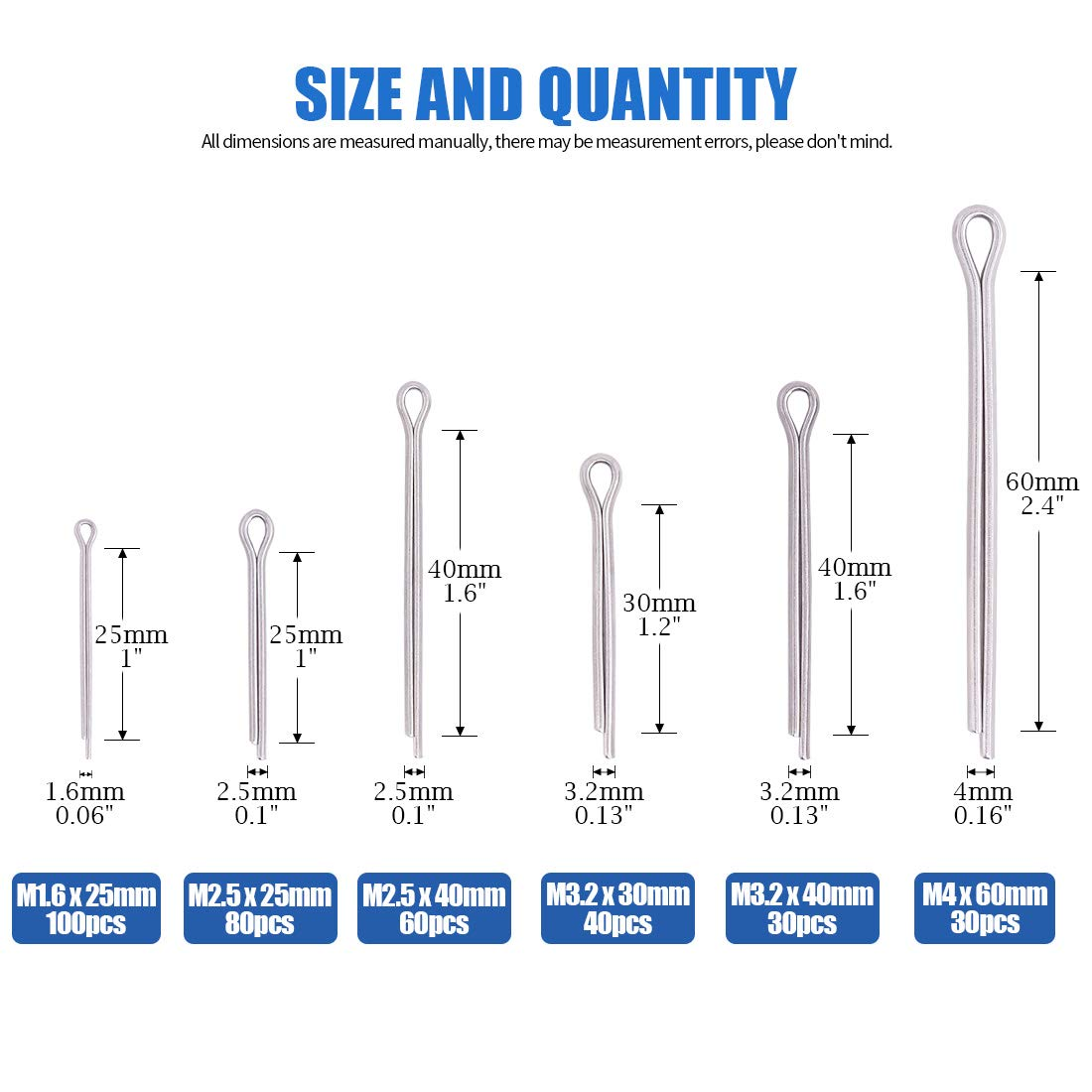 Glarks 340-Pieces 6 Sizes 304 Stainless Steel Cotter Pin Clip Key Fastner Fitting Assortment Kit for Automotive, Mechanics, Car Garage, Power Equipment, Cars, Trucks, Lawn Mower, Small Engine Repair image number 4