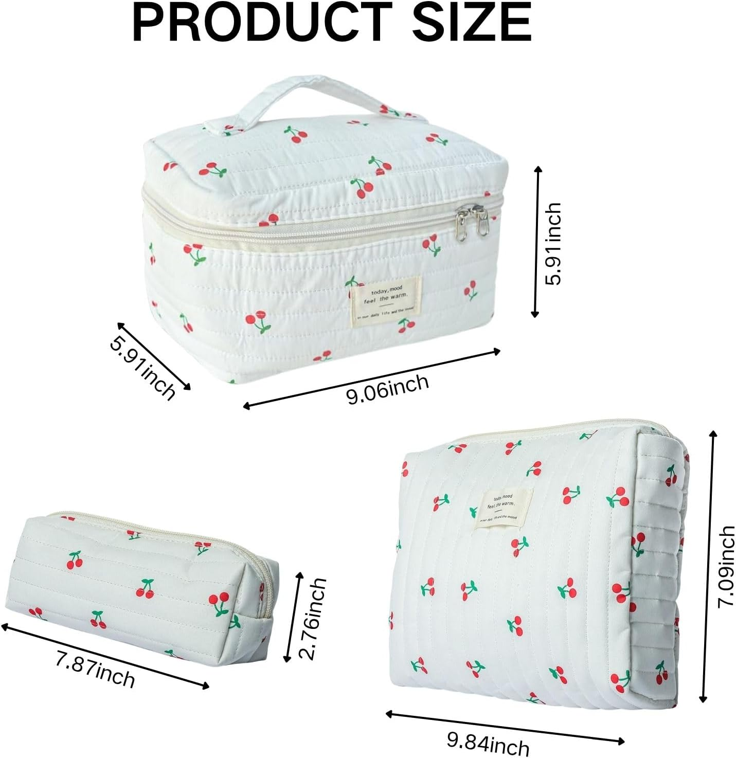 Poemtian 3Pcs Makeup Bag, Toiletry Bag, Cotton Quilted Makeup Bag Large Travel Cosmetic Bag, Cute Aesthetic Toiletry Bag for Women Girls image number 2