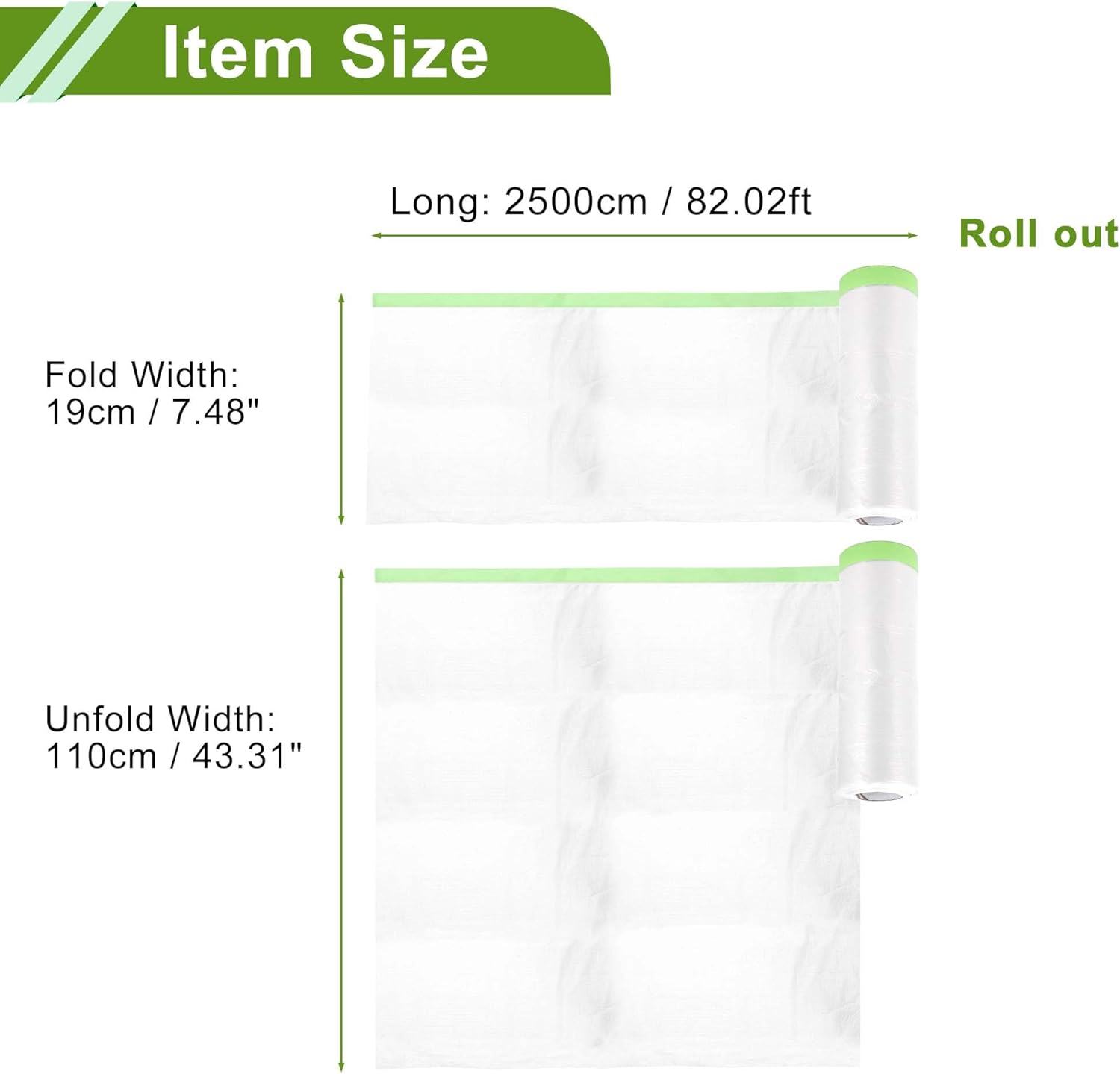 X AUTOHAUX Pre-Taped Masking Film Plastic Cover PE Film Natural Fiber Material 1 Pc 2500X110Cm / 82.02Ftx43.31" White Green image number 1