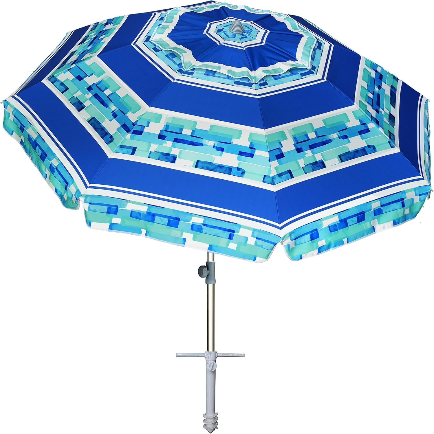 AMMSUN 2.1M Heavy Duty HIGH Wind Beach Umbrella with Sand Anchor Vent Tilt Portable Sun Shelter, UV 50+ Sun Protection Outdoor Sunshade Umbrellas Carry Bag for Patio Garden Pool Backyard Blue