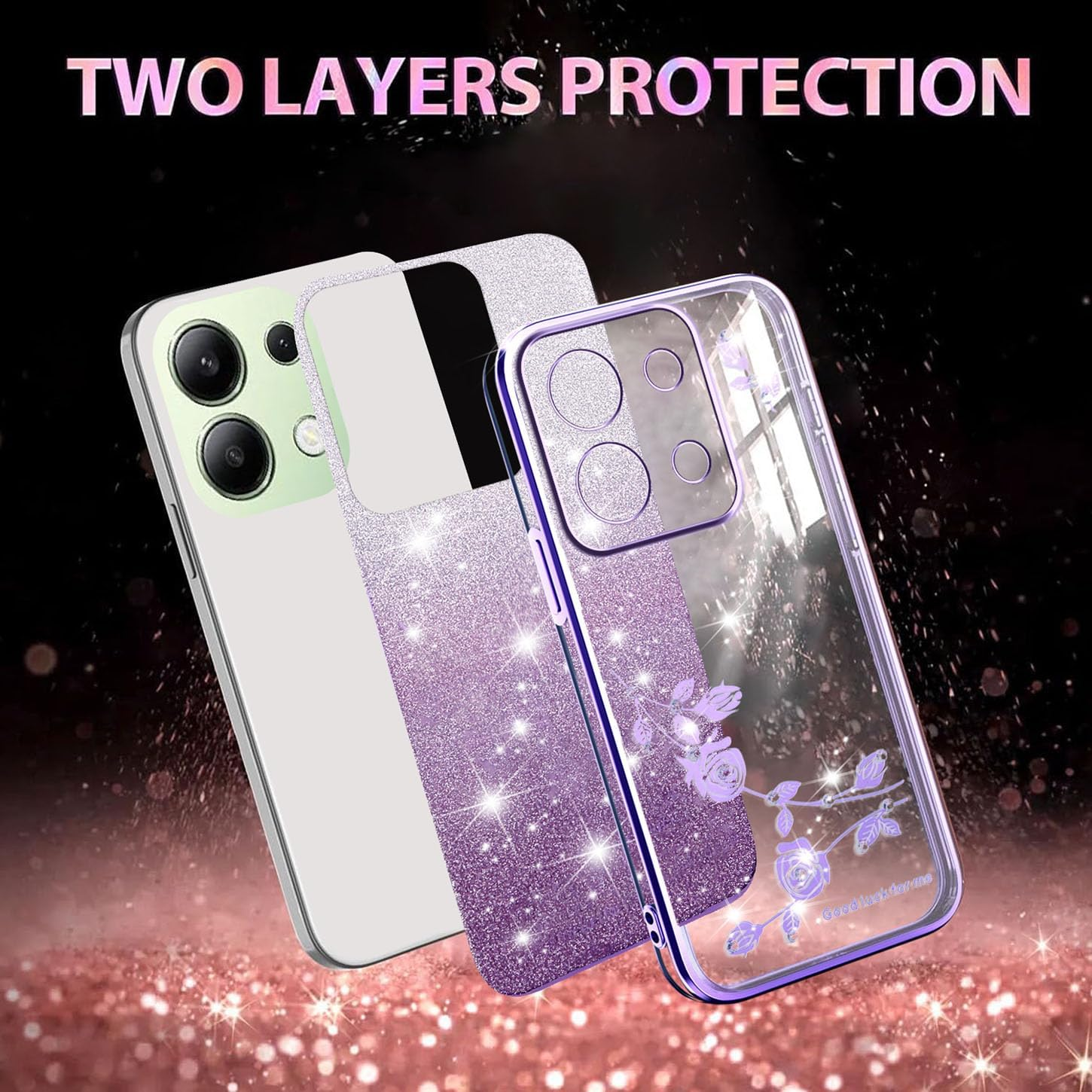 ILING Girls Case for Xiaomi Redmi Note 13 4G, Bling Gradient Color Back + Elegant Rose Pattern + Glitter Rhinestones Inlaid, Ultra Thin Soft Silicone TPU Shockproof Cover (Purple) - Pink image number 4
