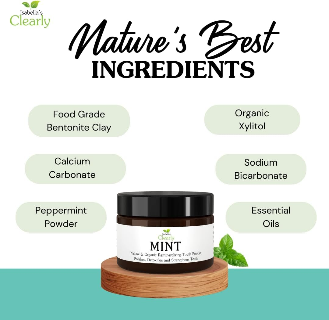 Isabella&rsquo;S Clearly MINT Remineralizing Tooth Powder | Teeth Whitening Natural Toothpaste Fluoride Free for Adults, Kids, Sensitive Gums | Xylitol, Baking Soda, Clay, Calcium (40G) image number 4