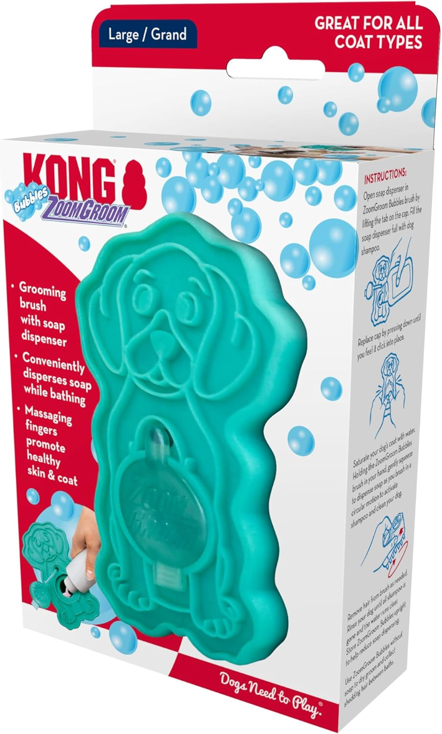 KONG Zoomgroom Bubbles Dog Brush - Soap Dispensing, Massaging and Gooming Brush for Dogs, Removes Shedding Hair image number 3