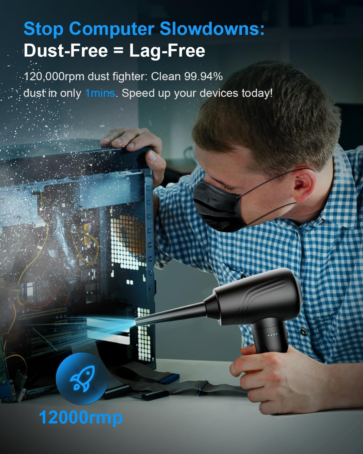 BANKKY Electric Air Duster: 3-Gear Adjustable 120000 RPM Compressed Air Duster with LED Light- Adjustable Rechargeable Jet Air Blower - 9000Mah Cordless Dust Blower for Computer, Keyboard and Car image number 4