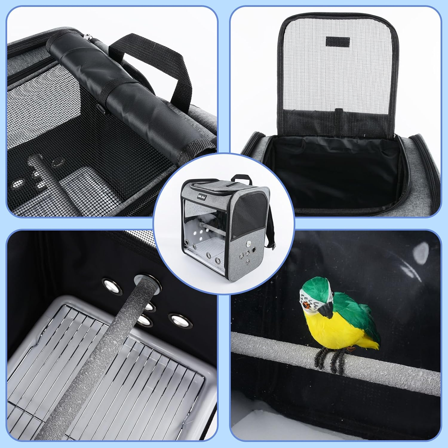Bird Carrier, Bird Cage - Parrot Cage with Stainless Steel Tray and Bird Perch, Breathable & Portable, for Small Birds, Green Cheek, Cockatiel, Parrot, Grey image number 1