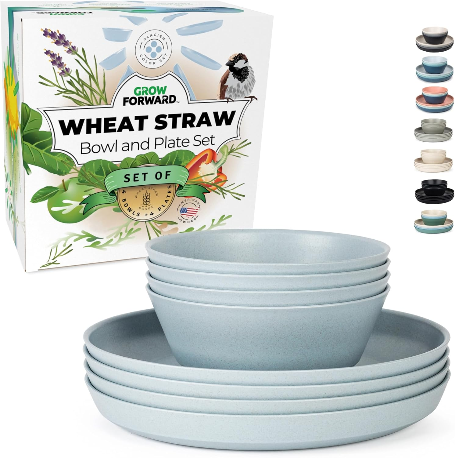 Grow Forward Premium Wheat Straw Plates and Bowls Sets - 8 Unbreakable Microwave Safe Dishes - Reusable Wheat Straw Dinnerware Sets - Plastic Plates and Bowls Alternative for Camping, RV - Midnight