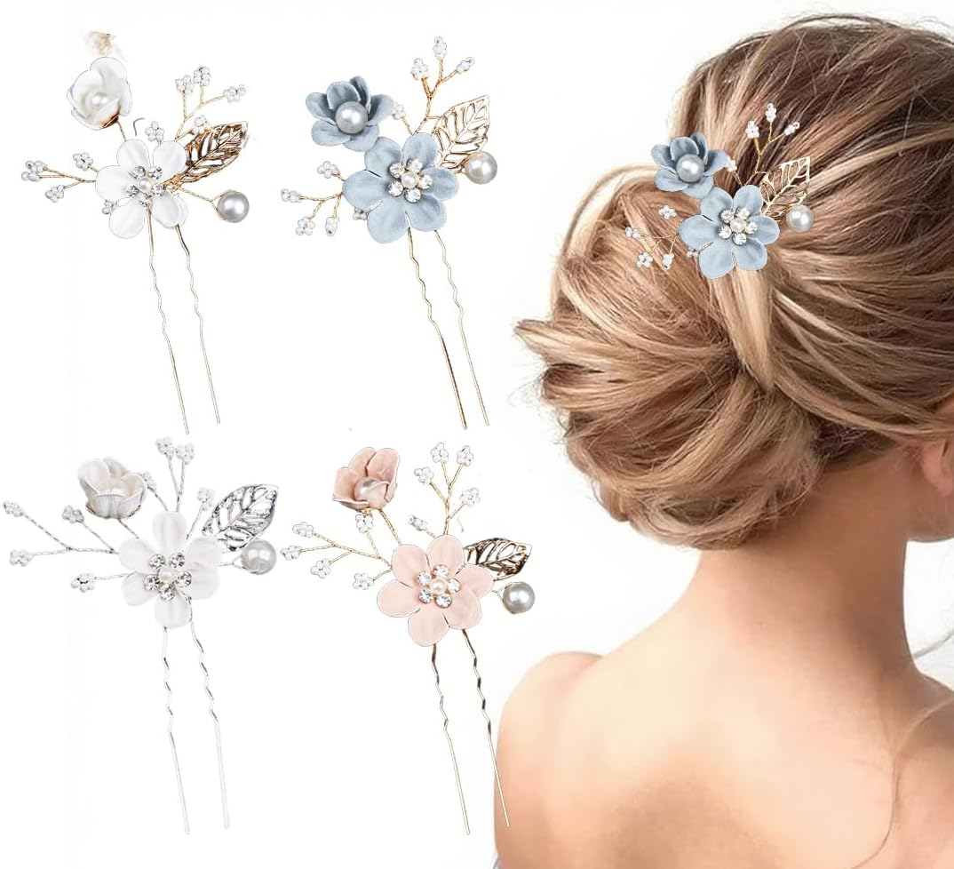 OUDQFCJ Pack of 4 Wedding Hair Pins, Flower Pearls Bridal Hair Accessories, Silver Bridal Jewellery, Hair U-Shaped Wedding Hair Clips for Women and Girls image number 1