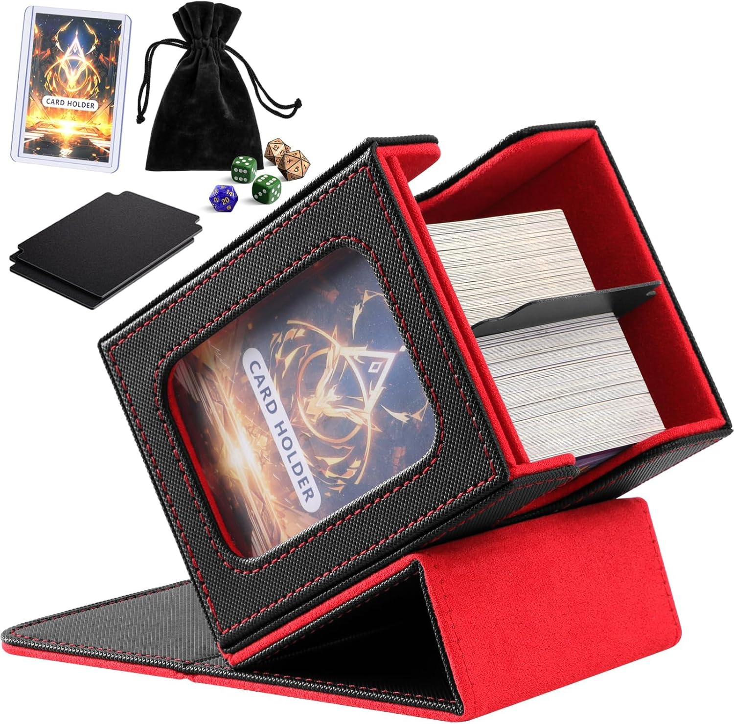 Card Deck Box with Commander Display, Storage Box Holds 100+ Double Sleeved Cards, Game & Sports Case with 2 Dividers, 1 Top Loader and 1 Dice Bag (Red) - Green image number 3