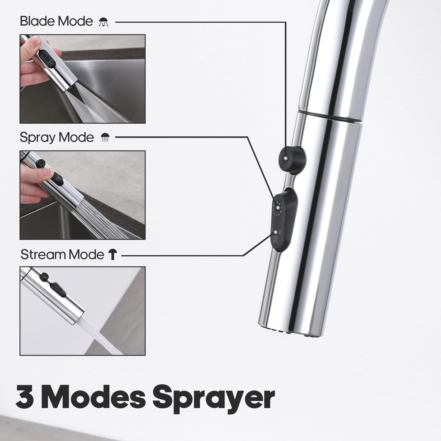 Decaura Polished Chrome Lead-Free Kitchen Mixer Taps Pull Out 3-Mode Metal Sprayer Laundry Sink Mixer Tap 360&deg; Swivel Spout (Chrome) - Chrome image number 1