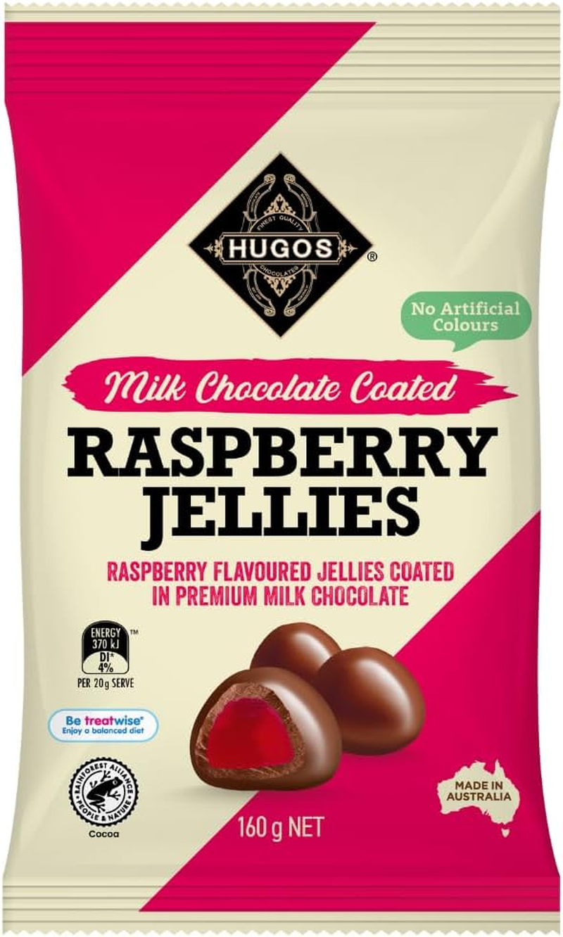 Hugos Milk Chocolate Coated Raspberry Jellies 160G image number 1