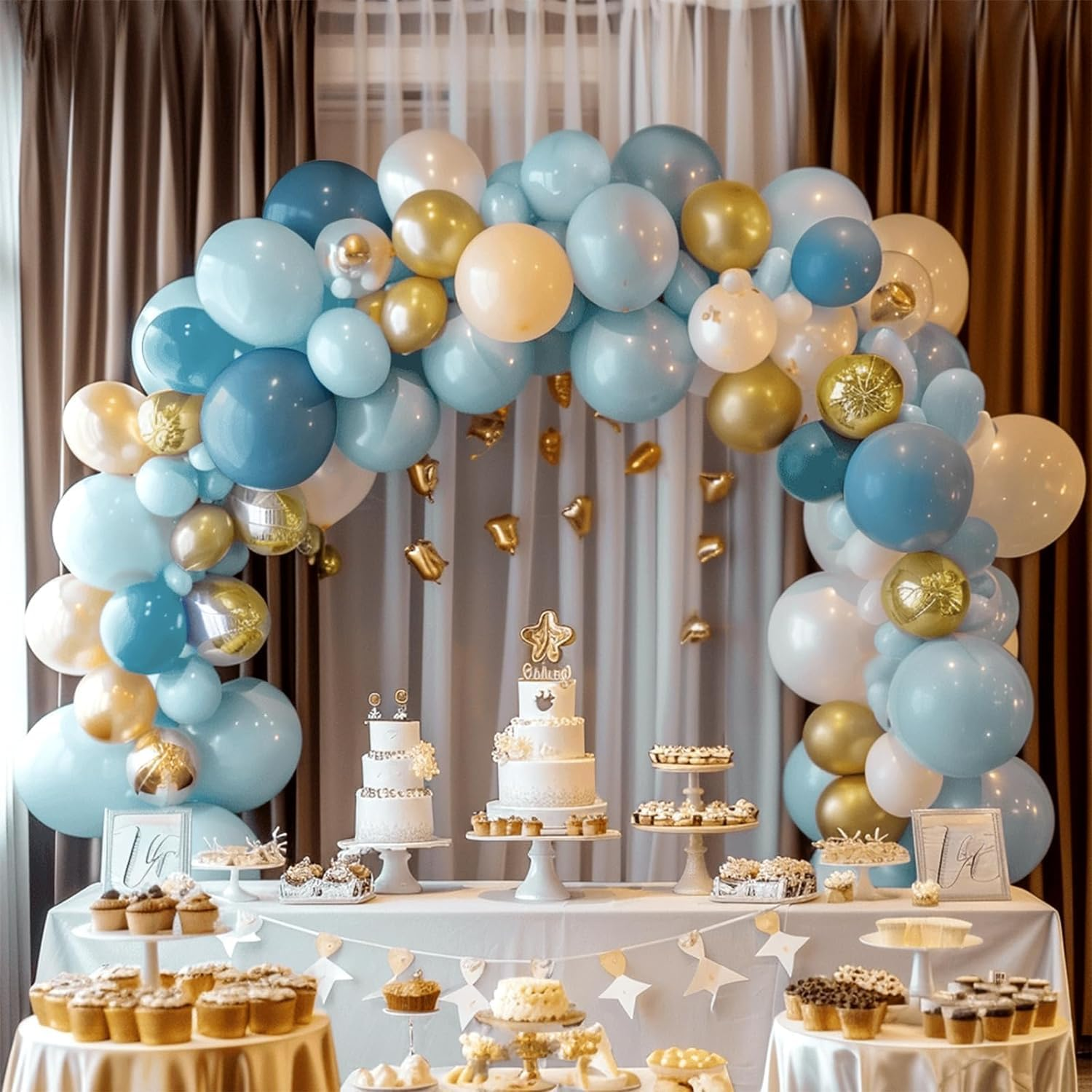 Dusty Blue Balloons Arch Kit,140Pcs Blue Balloons Arch Garland Kit with Sea Blue Gold Balloon,Sand White Nude Balloons for Boys Baby Shower,Birthday Party Decoration,Graduation Decor,Wedding
