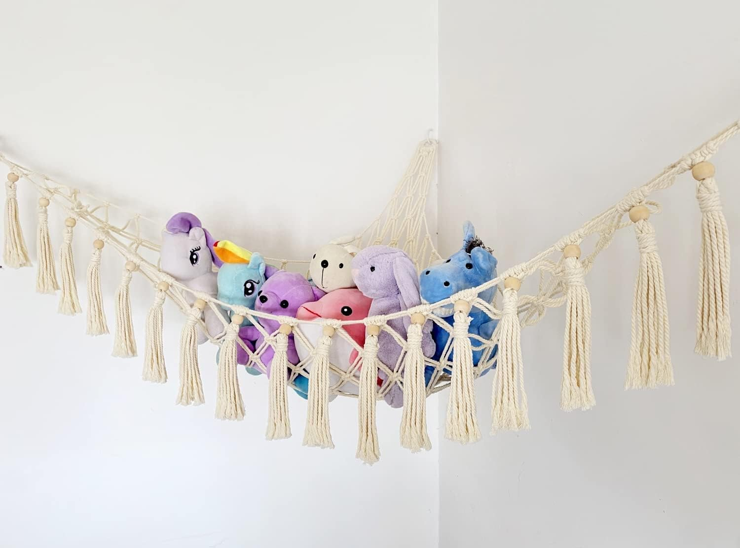 Stuffed Animal Toy Hammock Corner Organizer Display Rack - Bohemian Net Bag for Hanging Toys - 44 in Tassel Storage Rack image number 6
